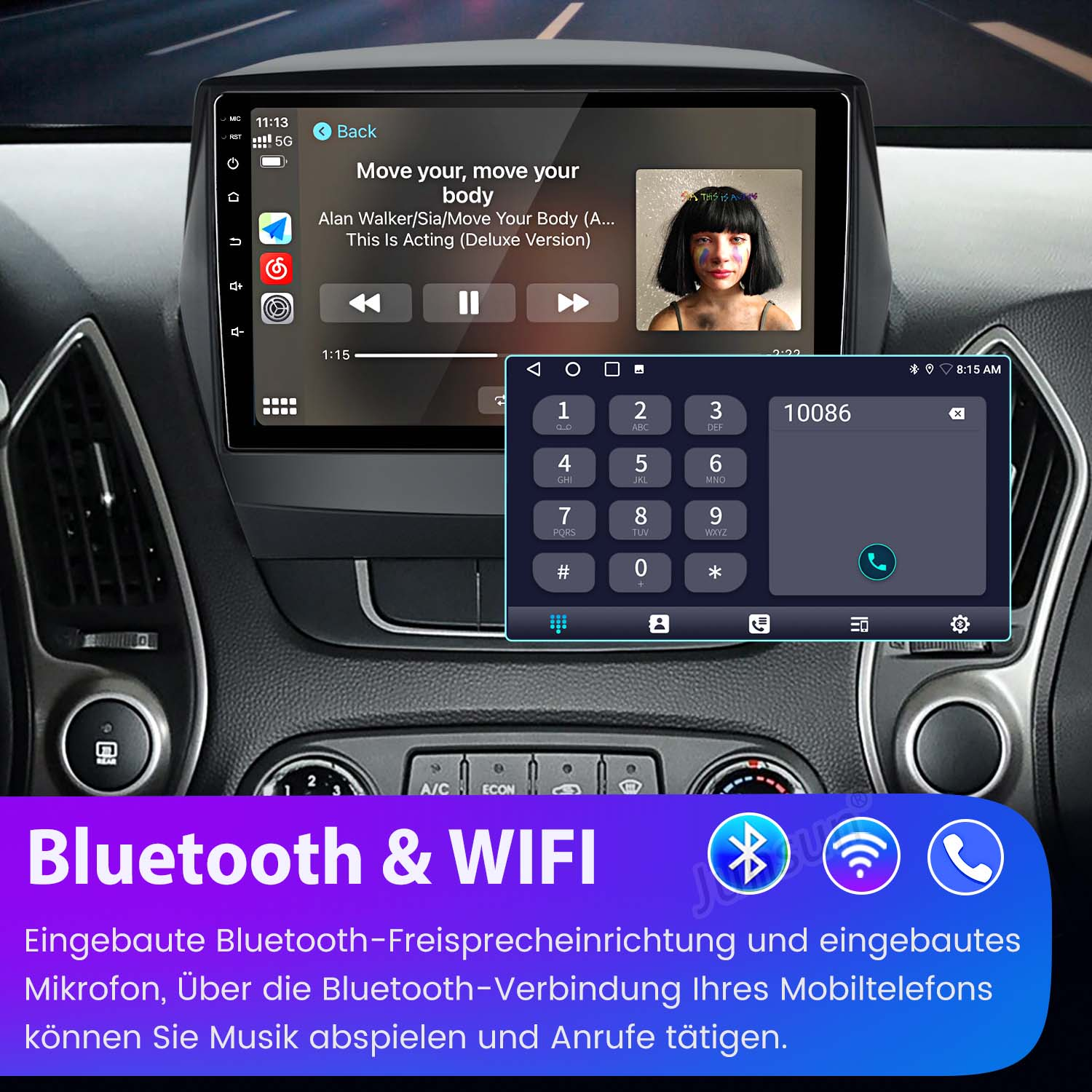 Autoradio-Bildschirm zeigt Musik-App, Telefon-Tastatur und Bluetooth/WIFI-Symbol.