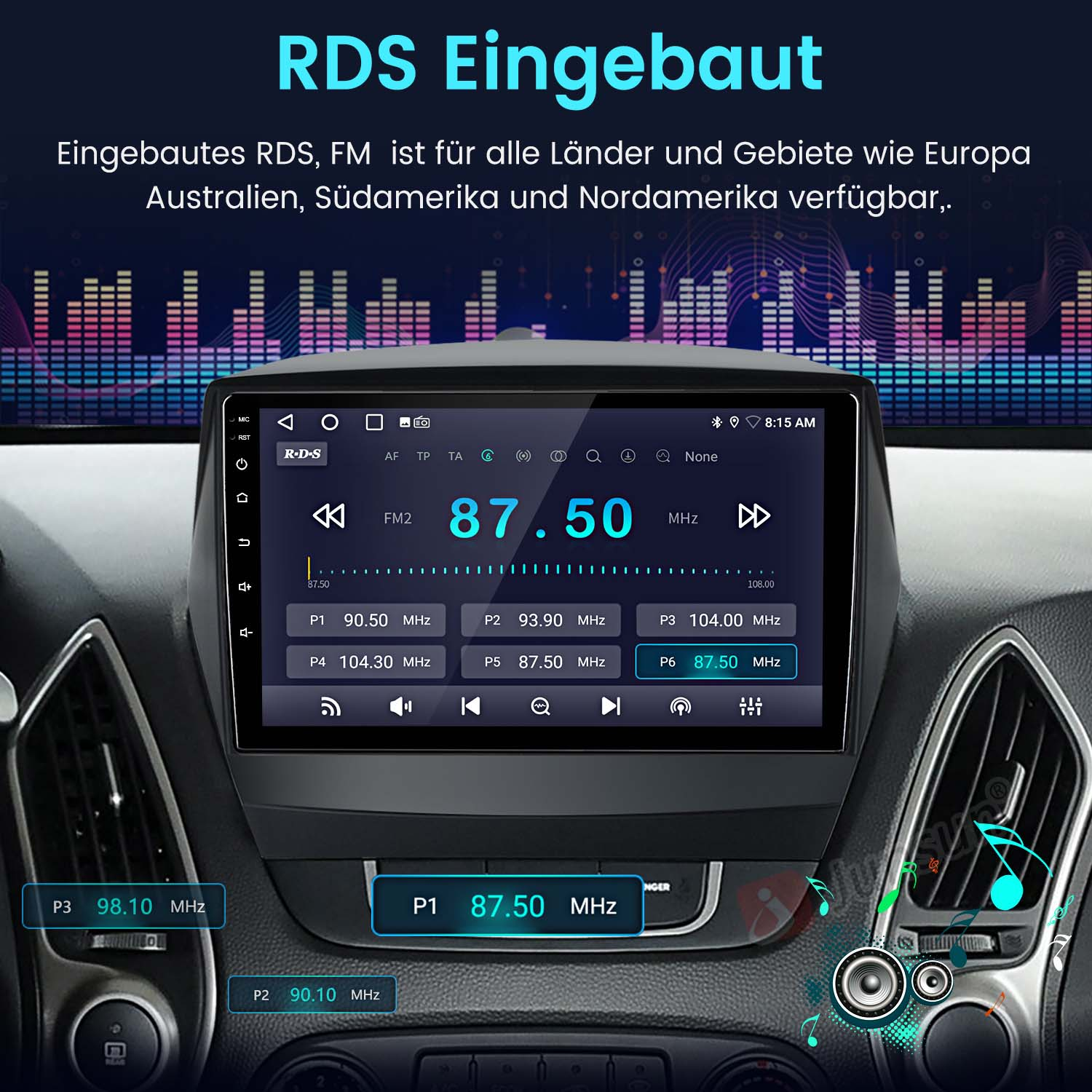 Einbau-RDS-Radio mit Equalizer-Grafik und Senderanzeige 87.50 MHz.