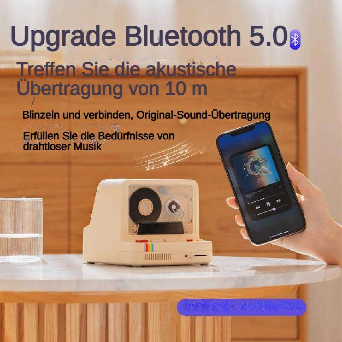 Retro Kassetten-Lautsprecher mit Smartphone, das Musik abspielt.
