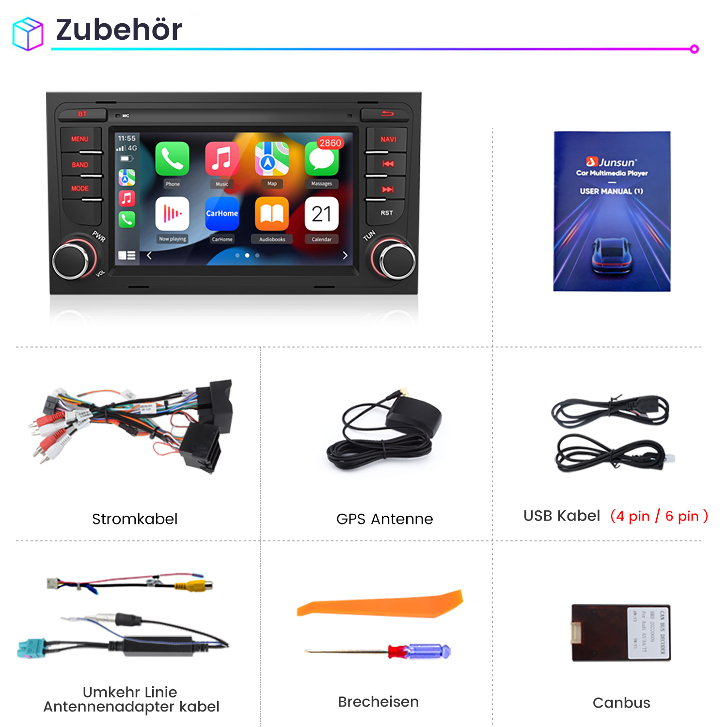 Car multimedia player mit Zubehör: Stromkabel, GPS-Antenne, USB-Kabel, Adapterkabel, Brecheisen, Canbus.