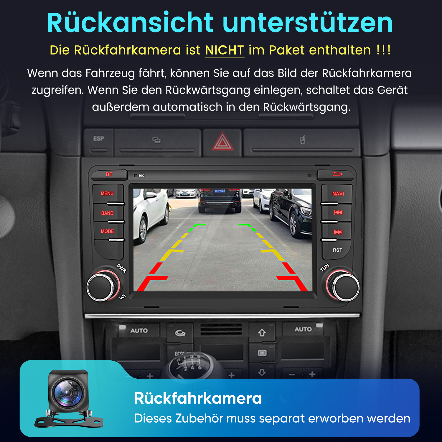 Autoinnenraum mit Navigationsbildschirm, der eine Rückfahrkamera anzeigt.