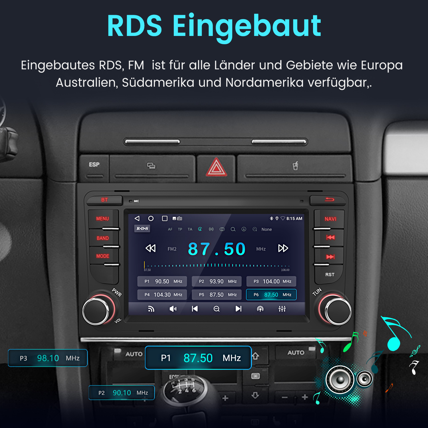 Ein Autoradio-Display zeigt FM2 mit 87,50 MHz und voreingestellten Sendern.