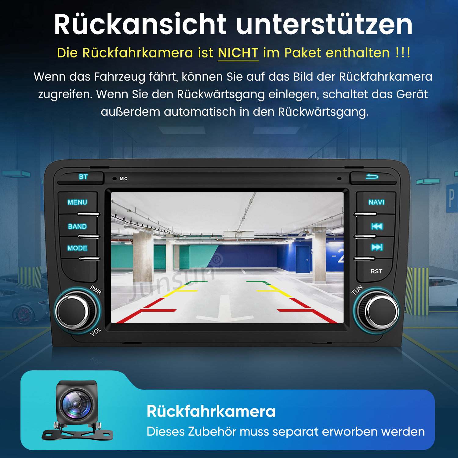 Ein Autoradio zeigt eine Rückfahrkamera-Ansicht eines Parkhauses.