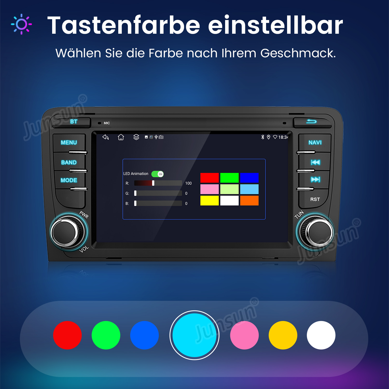 Ein Autoradio mit Farb-LED-Anzeige und Einstellungsmenü. Unten sind Farbauswahlen.