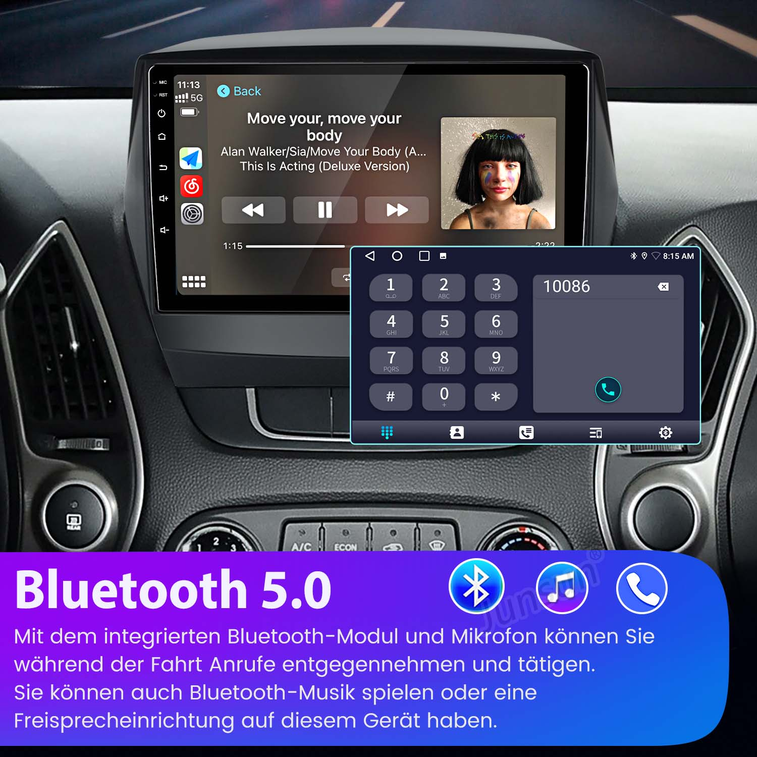 Autoinnenraum mit Touchscreen-Radio, das Musik spielt und ein Ziffernfeld anzeigt.