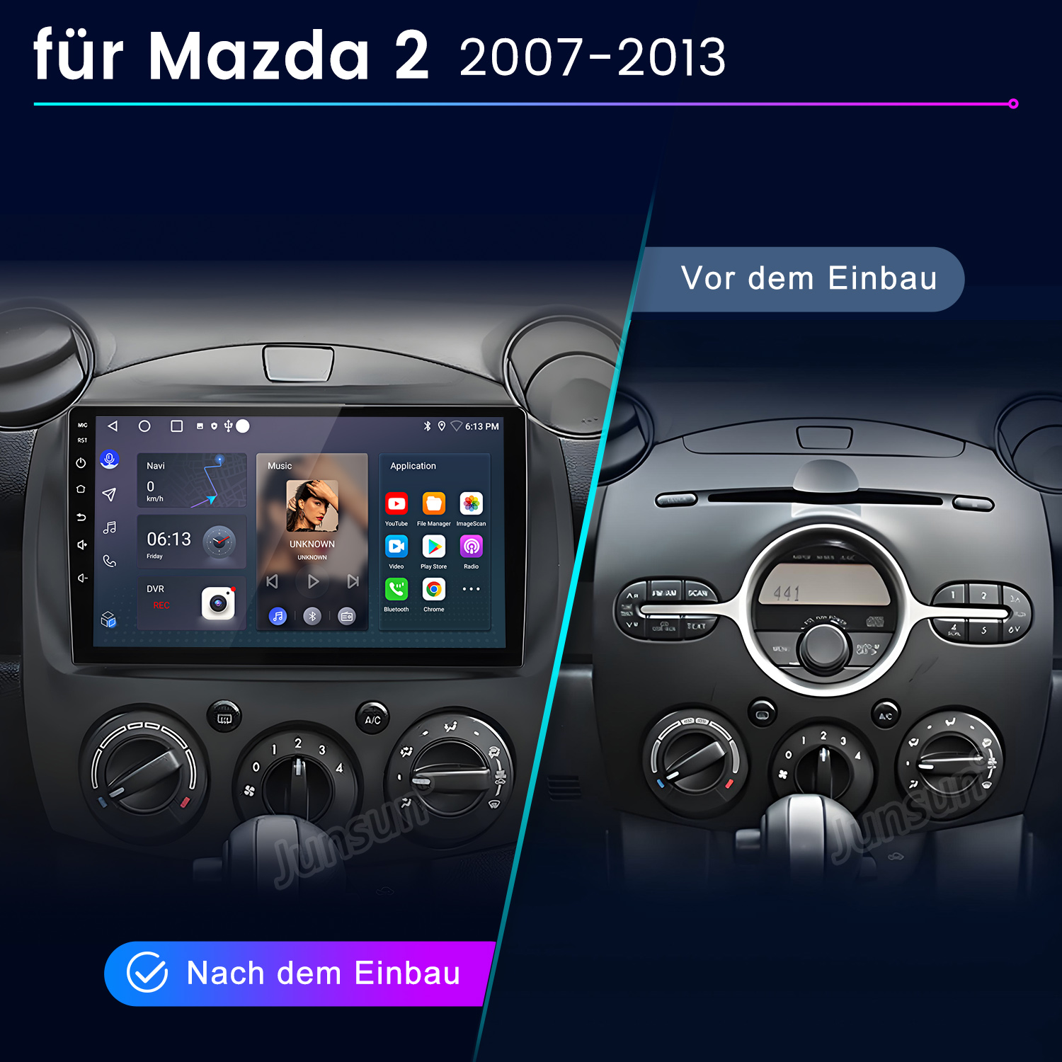 Mazda 2 (2007-2013) Innenraum: Vorher/Nachher-Vergleich des Infotainmentsystems.