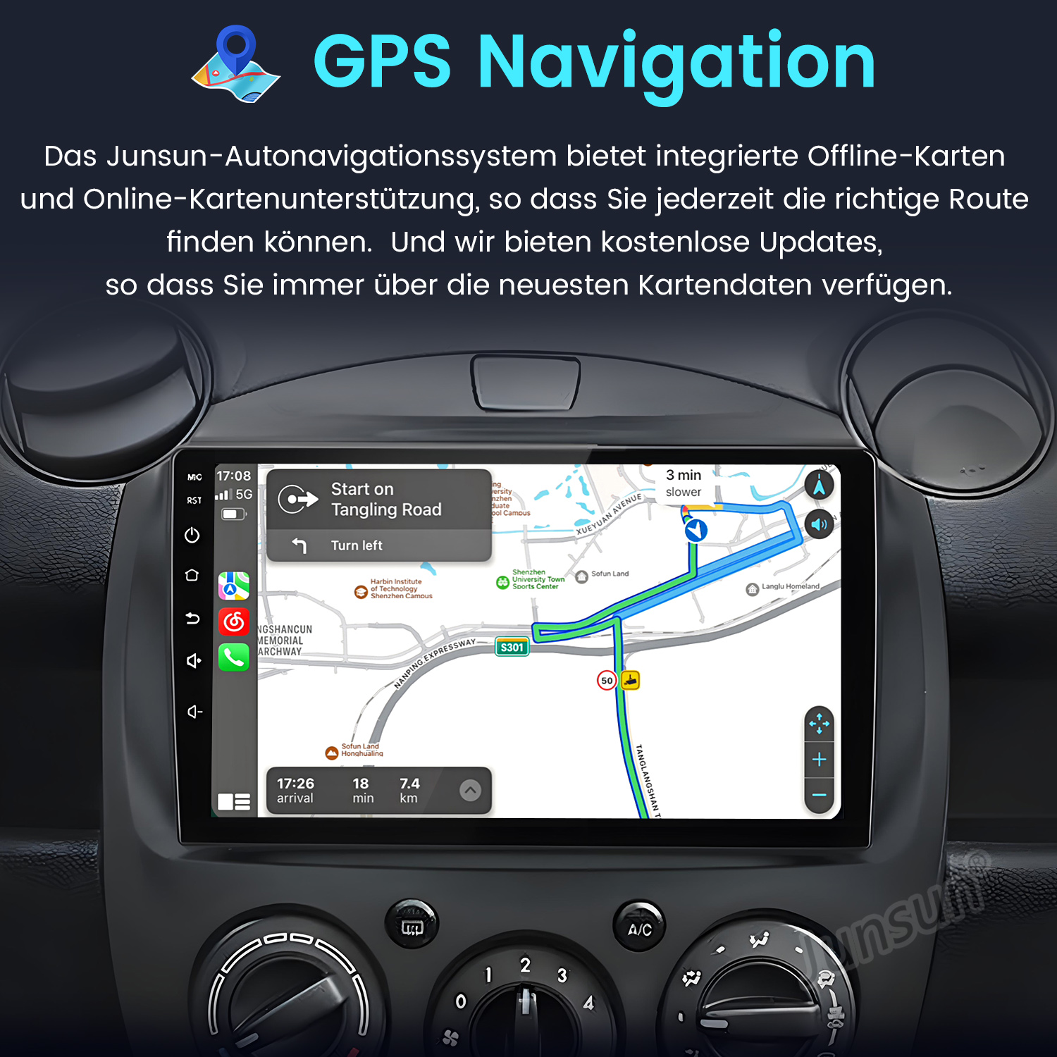 Ein Auto-Navigationssystem zeigt eine Karte mit Routenführung und Verkehrsinformationen.