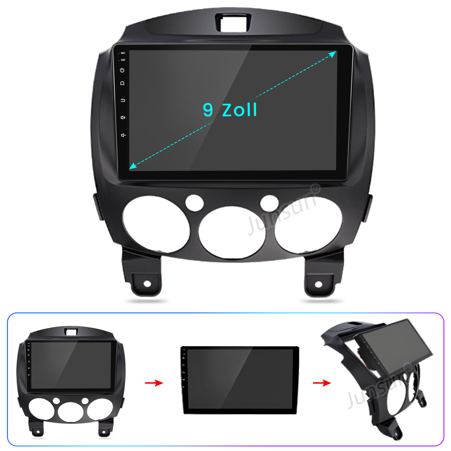 Ein 9-Zoll-Autoradio-Display in schwarzem Gehäuse mit drei runden Ausschnitten.