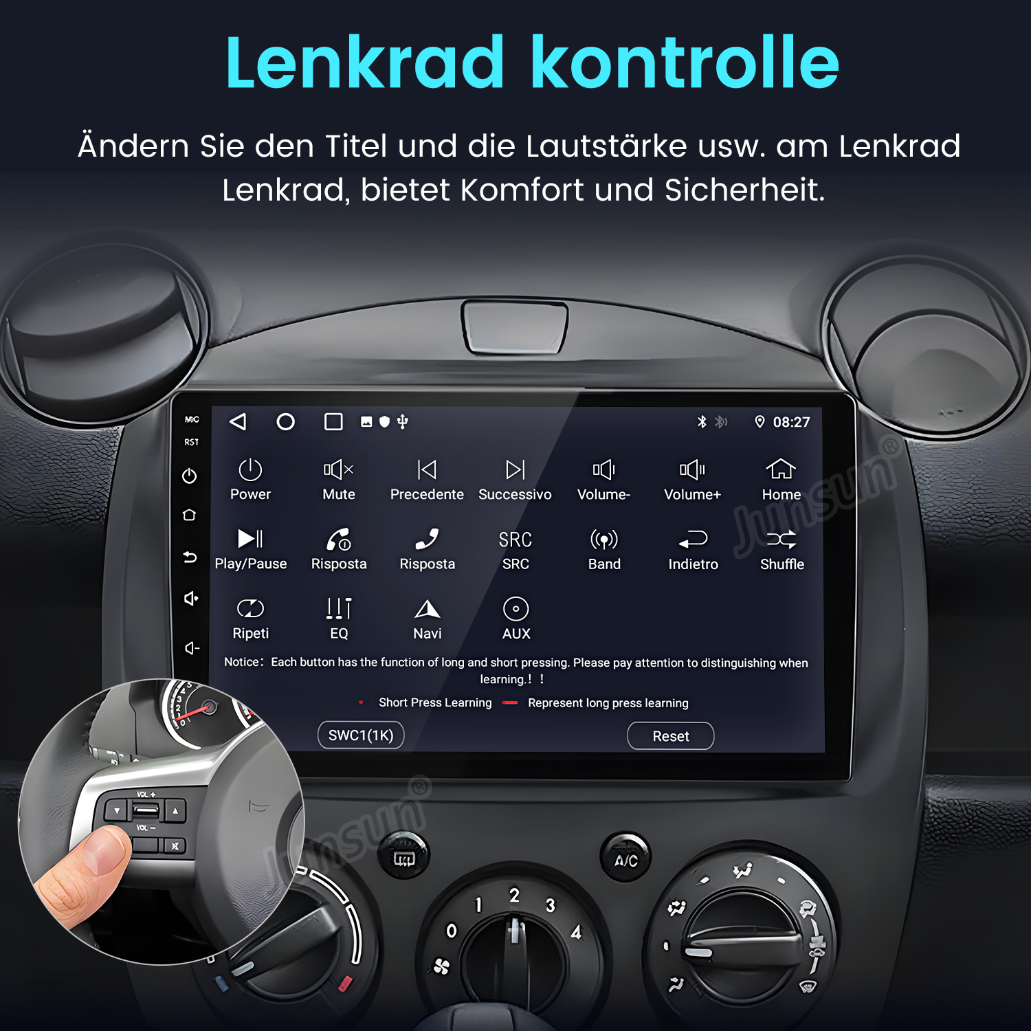Ein Auto-Infotainmentsystem mit Lenkradsteuerung und Menüoptionen auf dem Bildschirm.