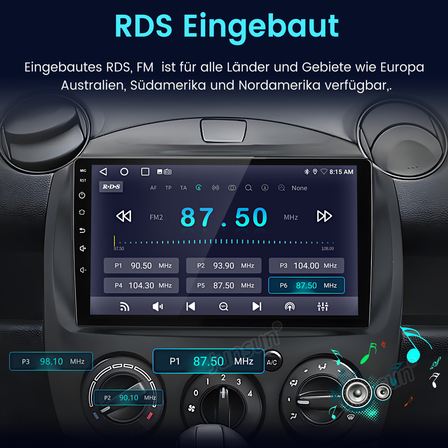 Auto-Radio-Display zeigt FM2 87.50 MHz mit gespeicherten Sendern.