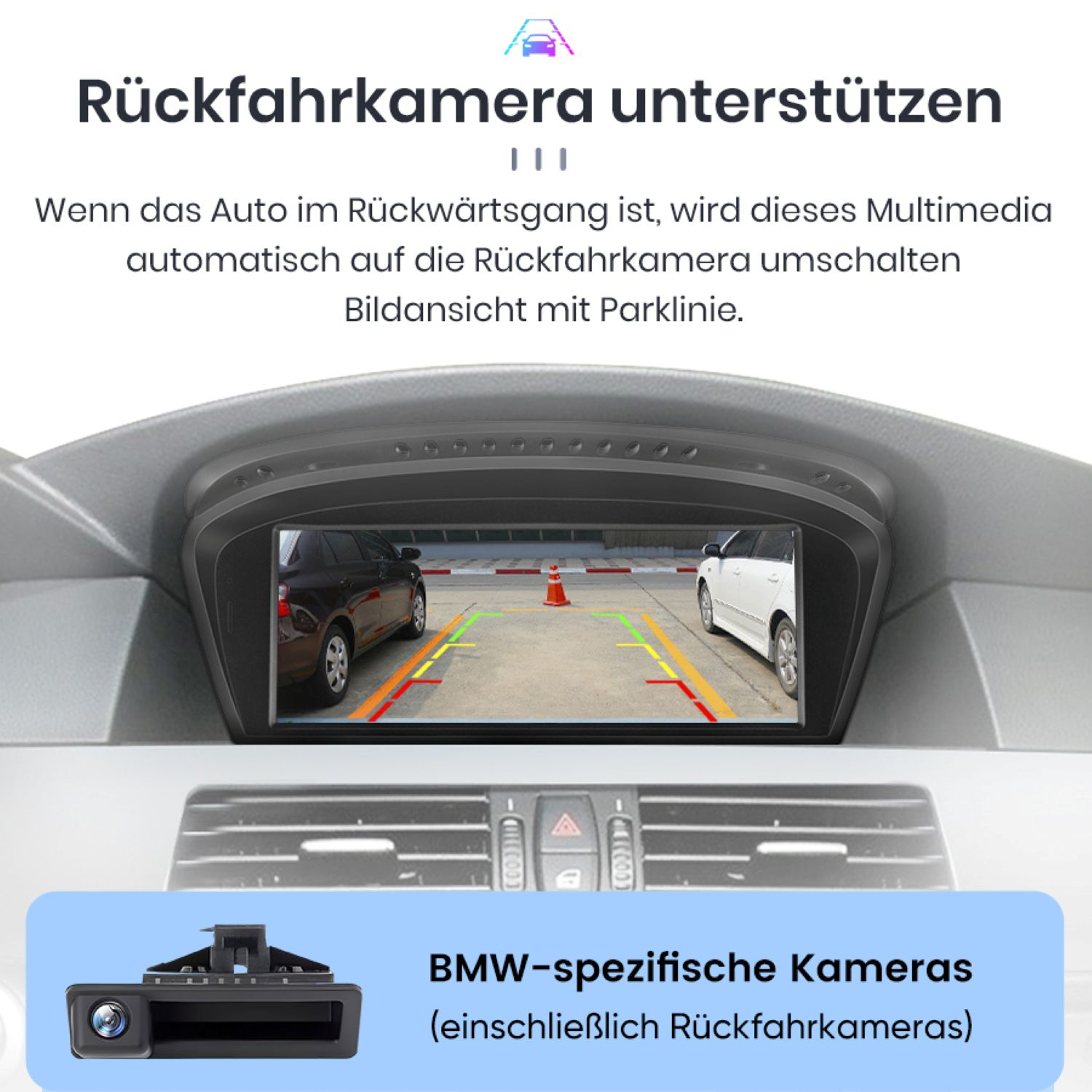 Rückfahrkamera mit Parklinienansicht und BMW-spezifisches Kameramodul.