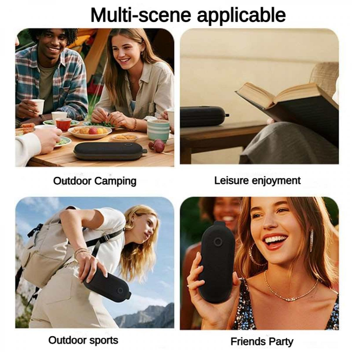 Vier Szenen: Camping, Lesen, Sport, Party mit Freunden. Alle zeigen ein schwarzes Gerät.
