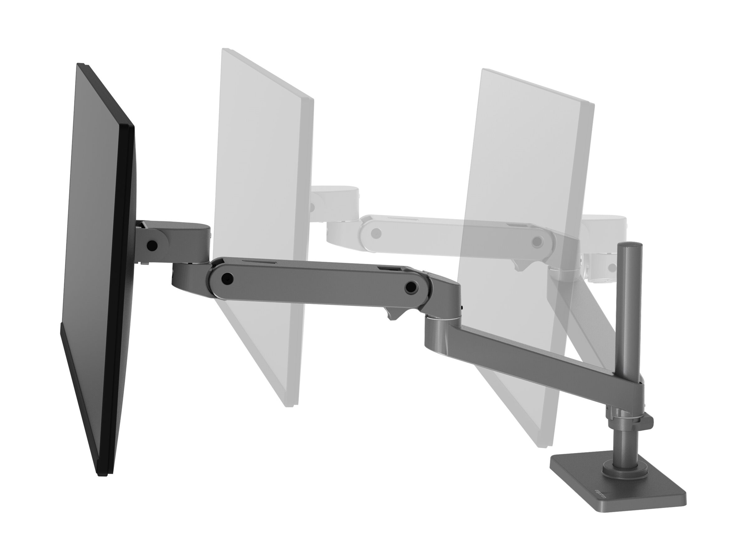 Un braccio per due monitor grigio con due schermi, su sfondo bianco.