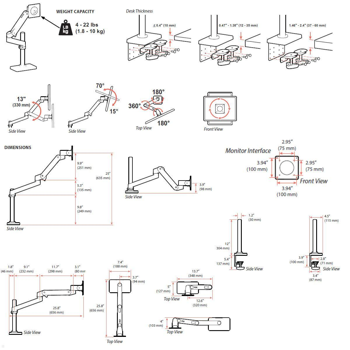 Disegni tecnici di bracci per monitor con dimensioni e capacità di peso.