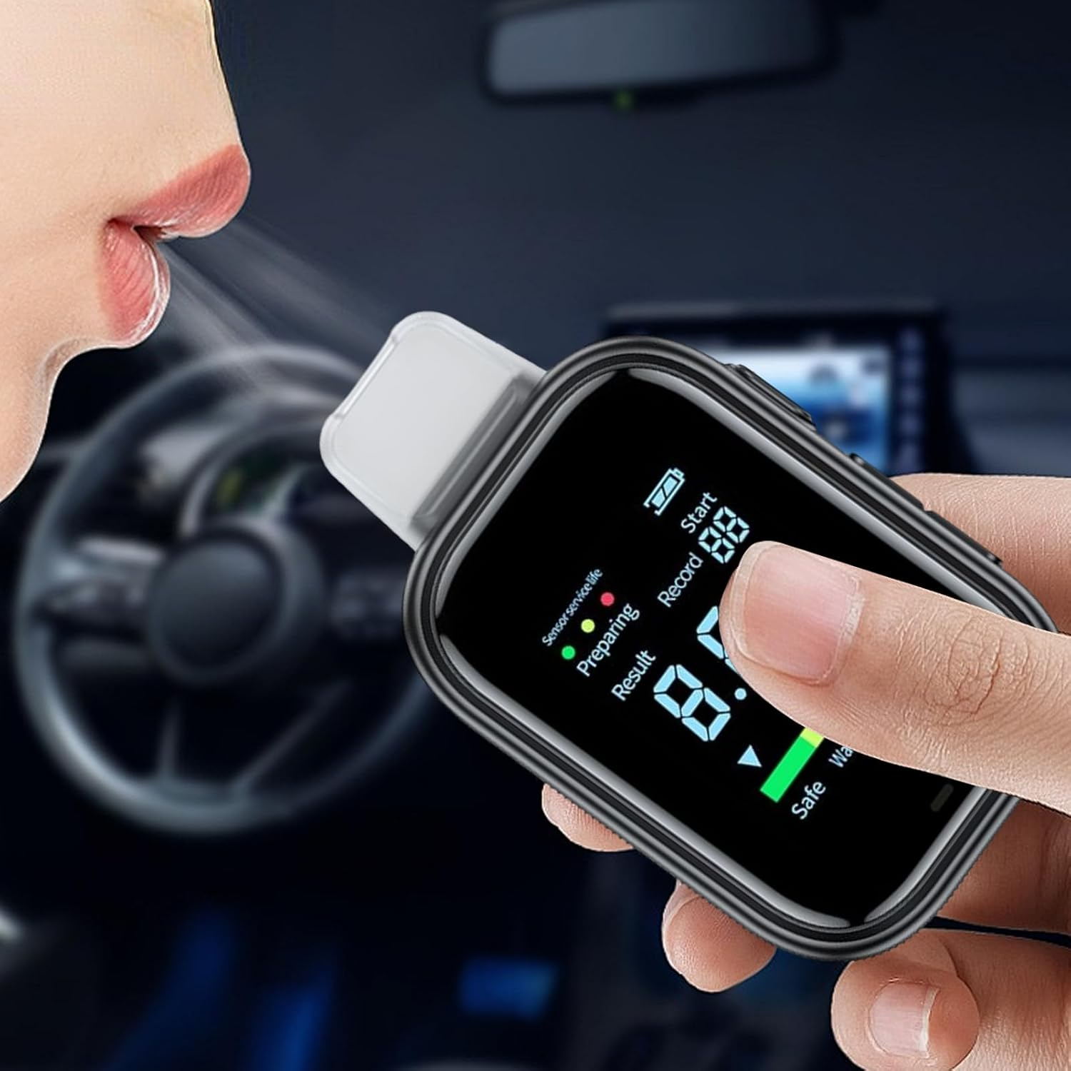 Person bläst in Alkoholtester im Auto. Zeigt '0.08' an.