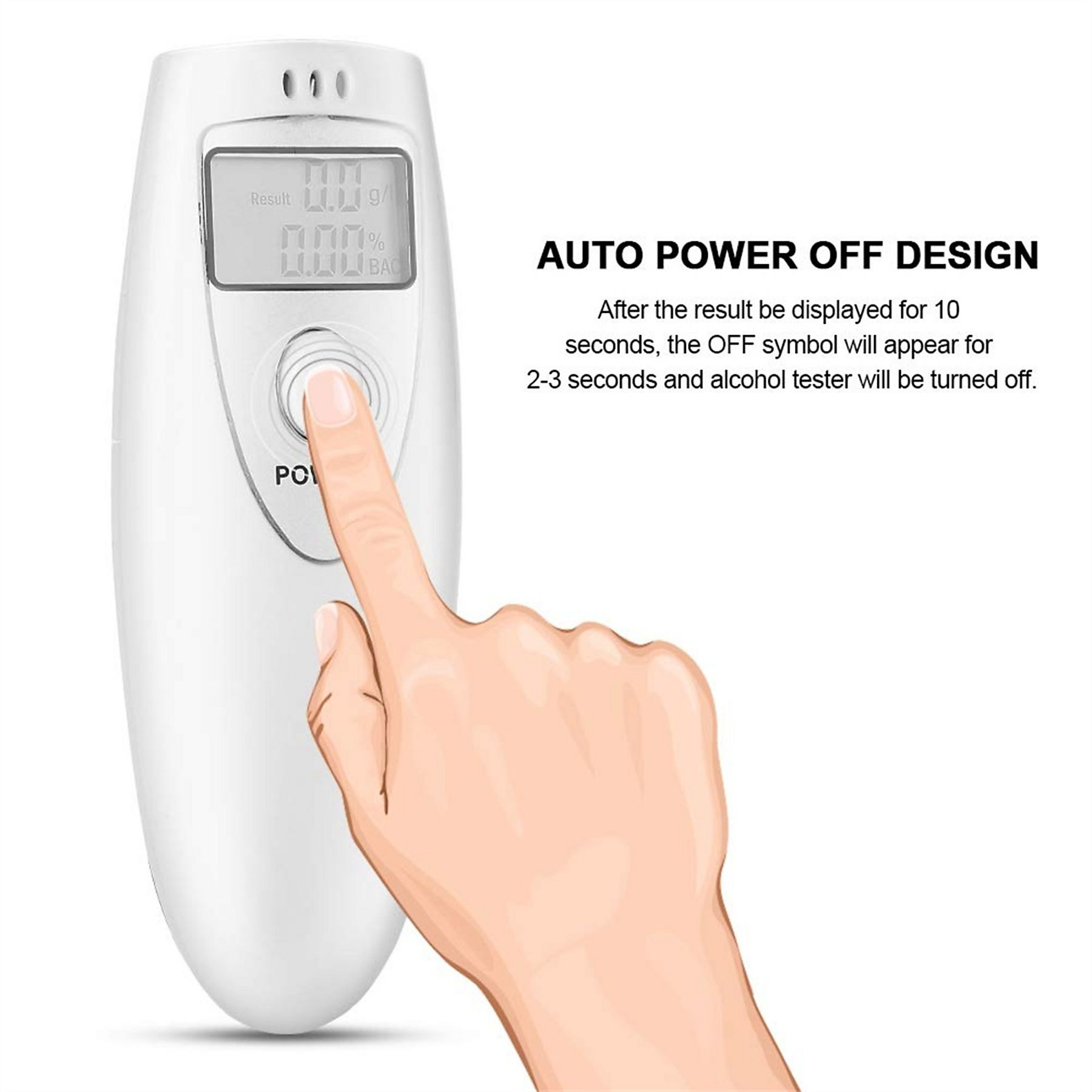 Ein Finger drückt auf einen weißen Alkoholtester mit einem digitalen Display.