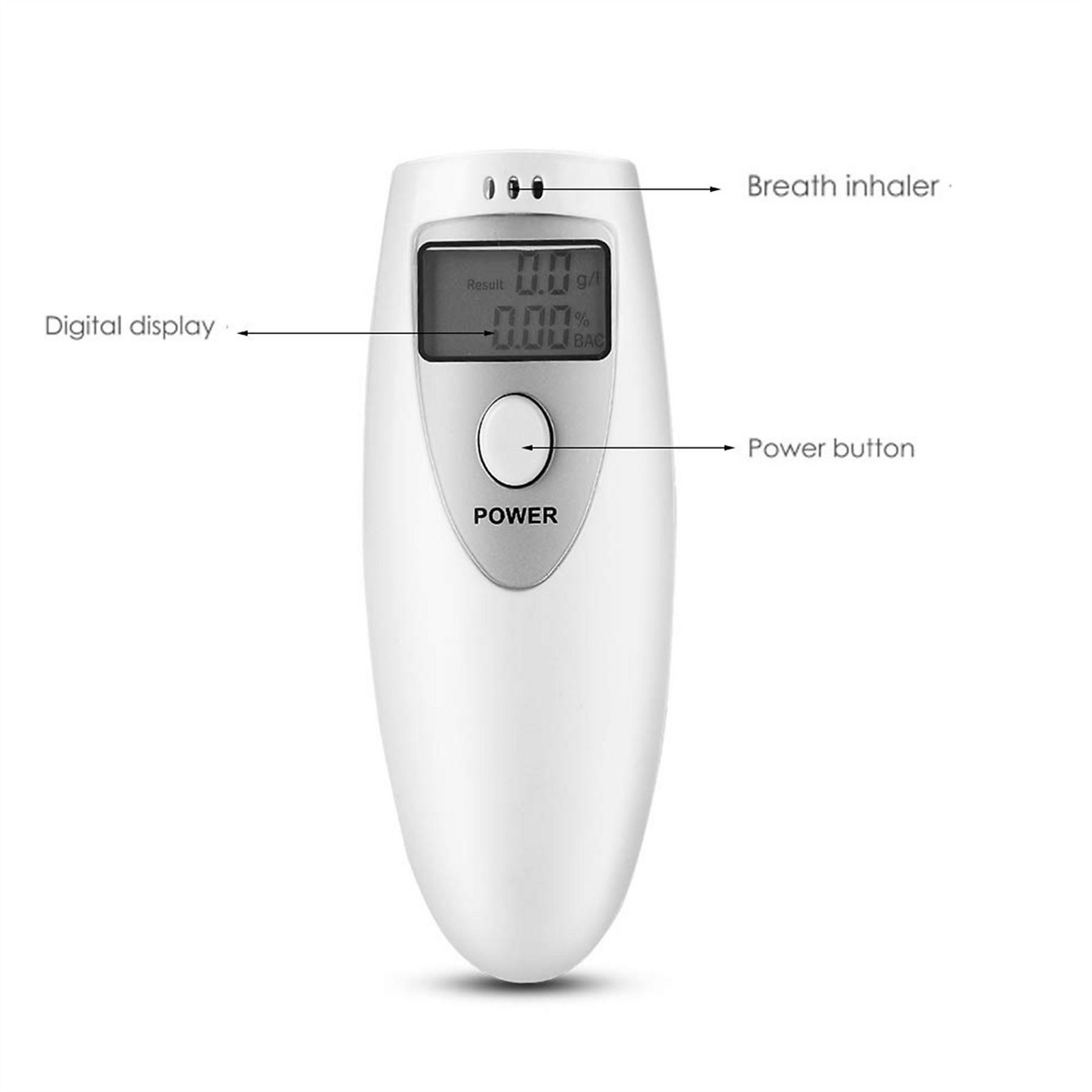 Ein weißer Alkoholtester mit digitaler Anzeige, Einatmer und Power-Taste.