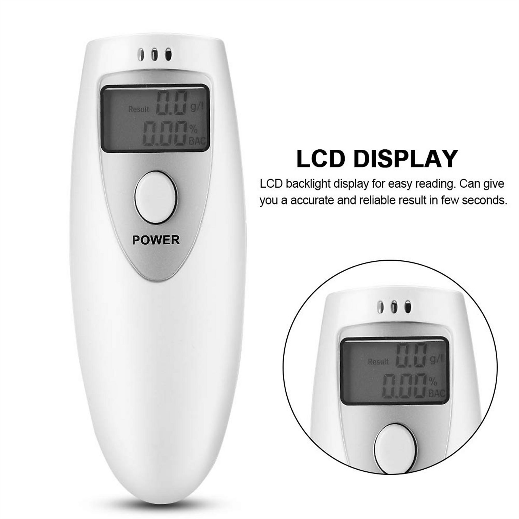 Ein weißer Alkoholtester mit einem digitalen LCD-Display, das 0,00% BAC anzeigt.