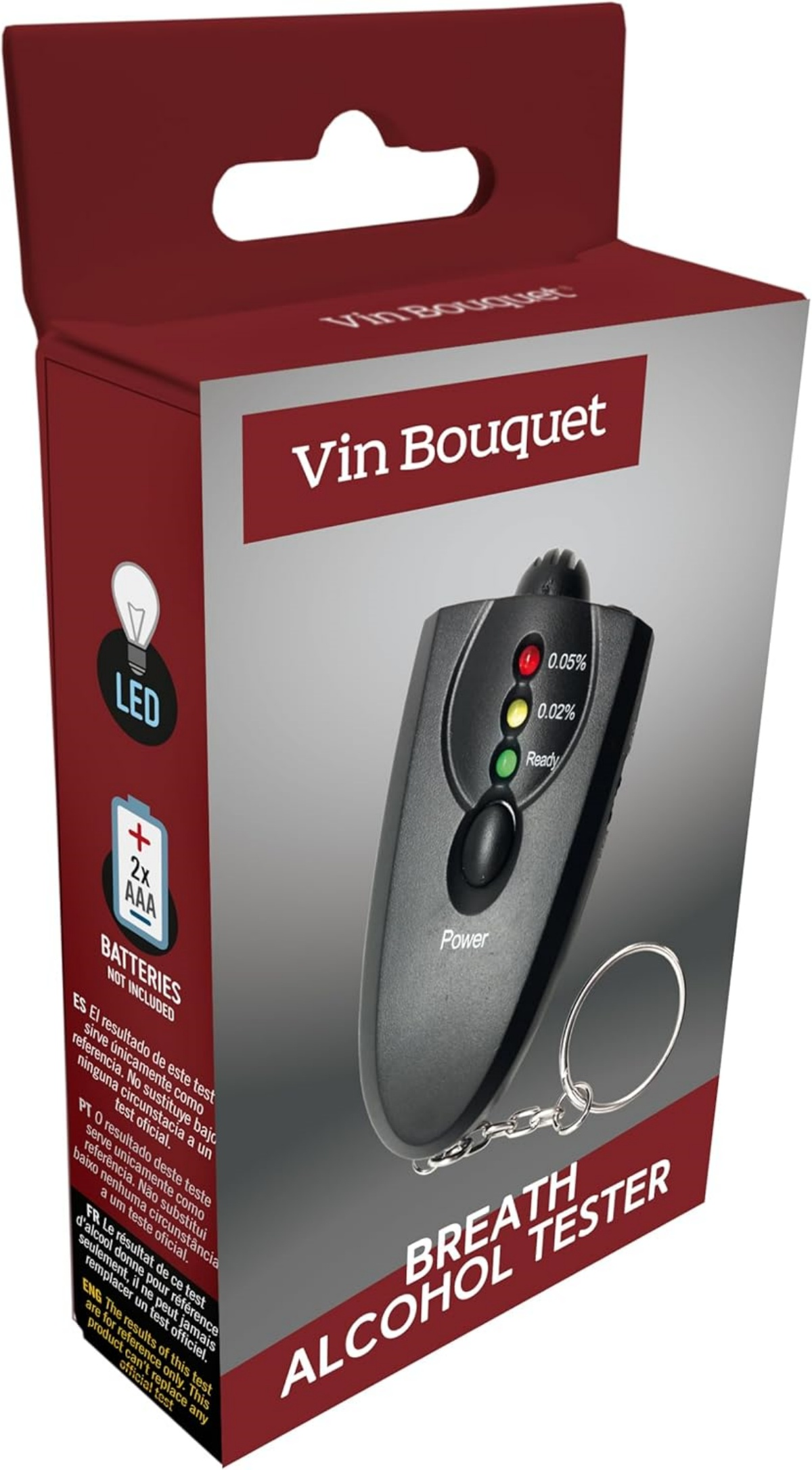 Vin Bouquet Alkoholtester mit LED-Anzeige und AAA-Batterieanzeige.