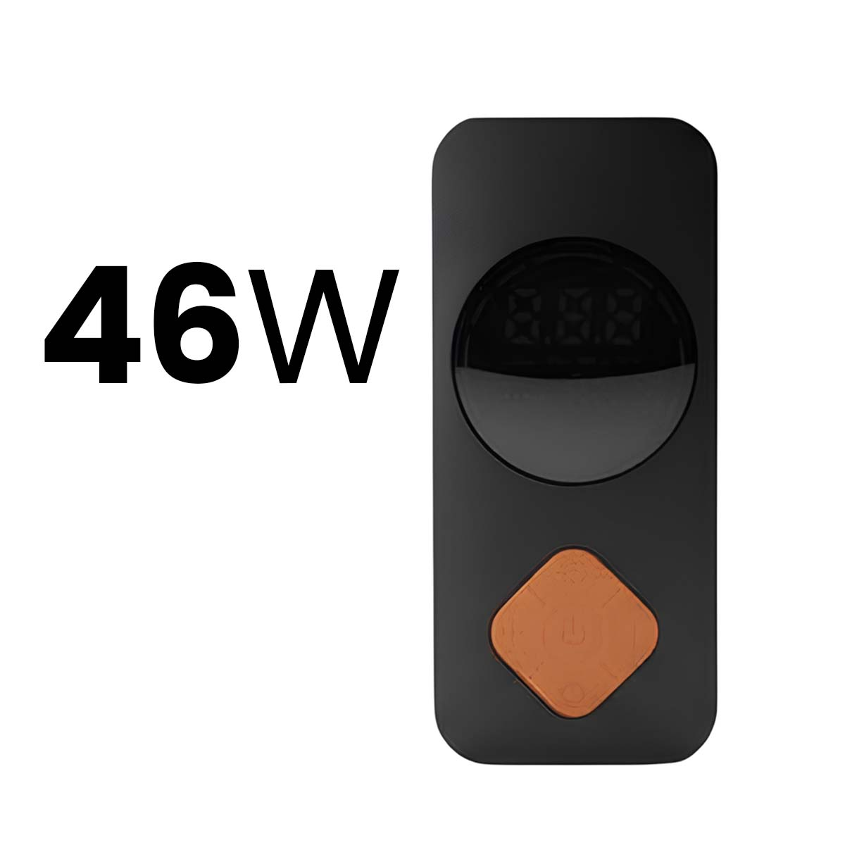 Ein schwarzes Gerät mit orangenem Knopf und digitaler Anzeige, daneben steht 46W.