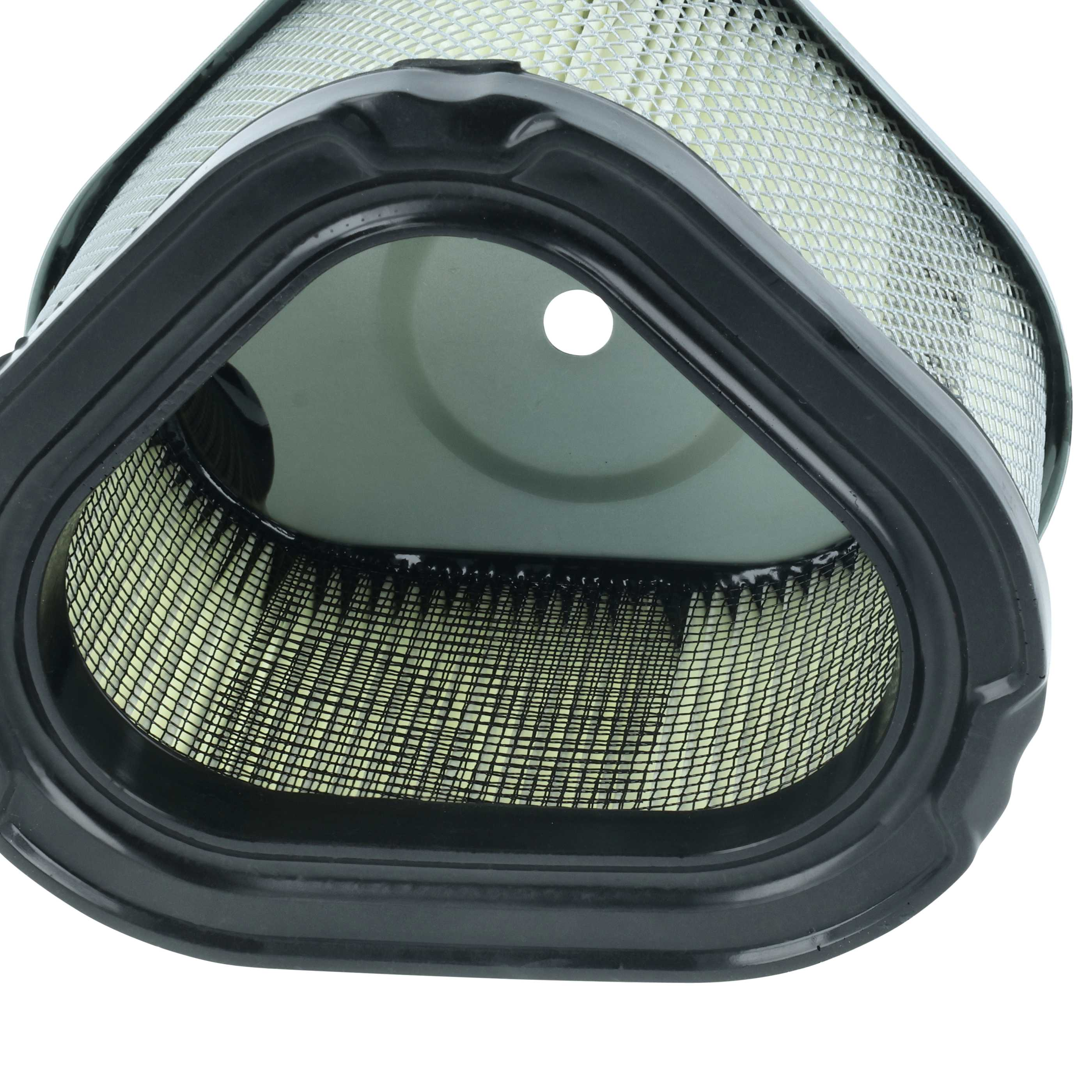 Ein ovaler Luftfilter mit schwarzem GummiRand und hellem Filtermedium.