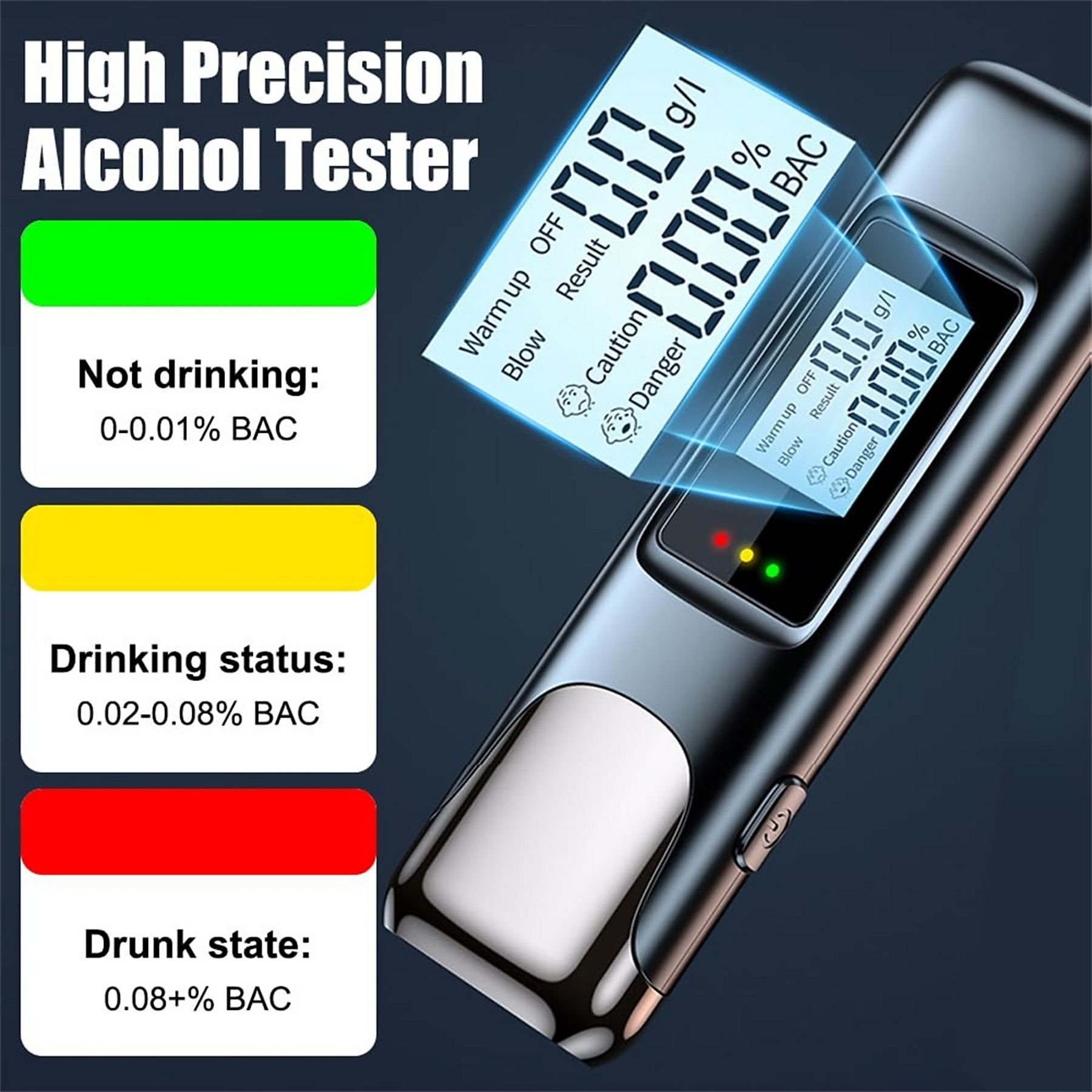 Hochpräziser Alkoholtester mit LCD-Anzeige zeigt 0,00 g/l an.