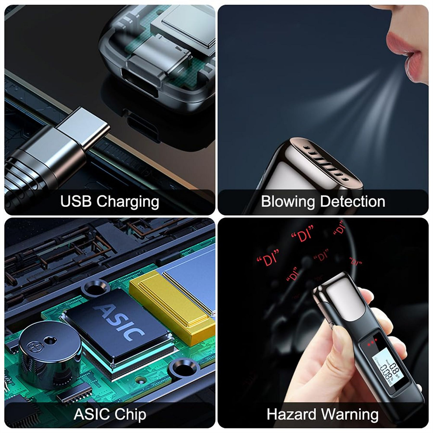 Vier Bilder zeigen USB-Laden, Blasenerkennung, ASIC-Chip und Gefahrenwarnung.