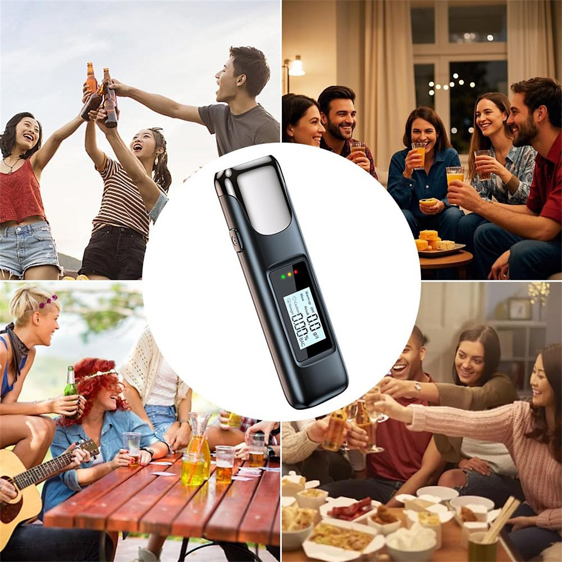 Ein Alkoholtester liegt auf Bildern von Menschen, die trinken und feiern.