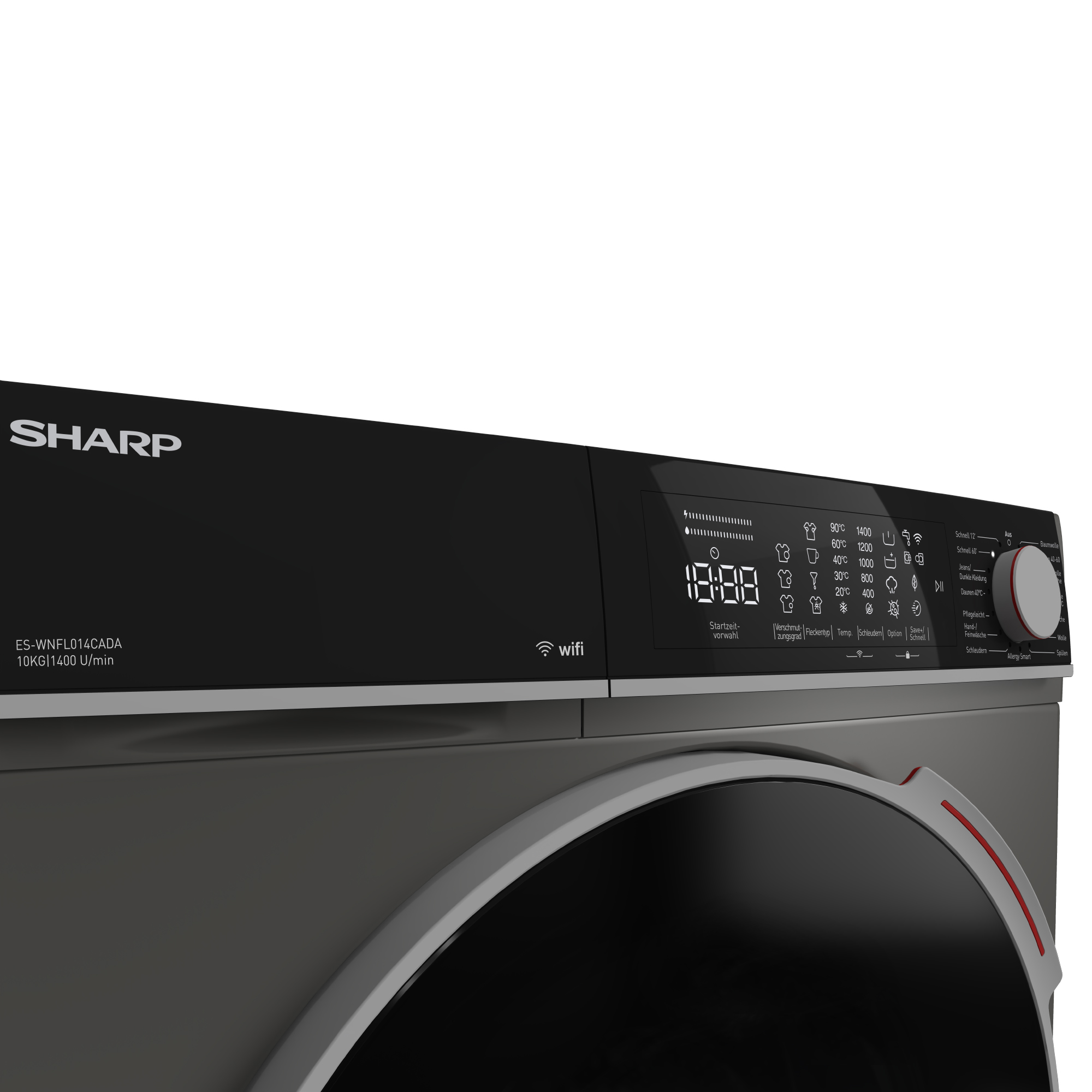 Sharp Waschmaschine mit digitaler Anzeige, Programmauswahl und WLAN.