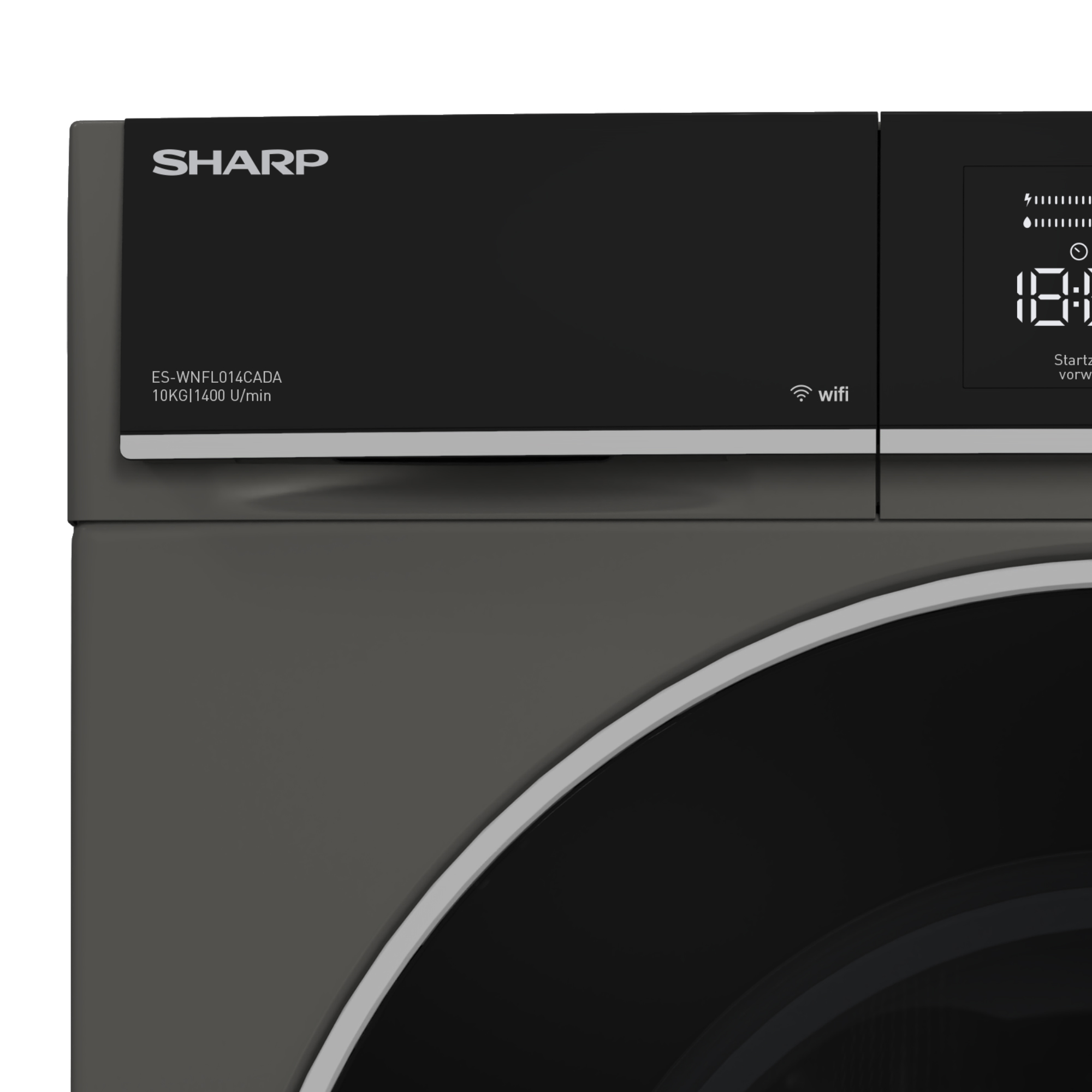 Schwarze Waschmaschine mit digitalem Display und SHARP-Logo.