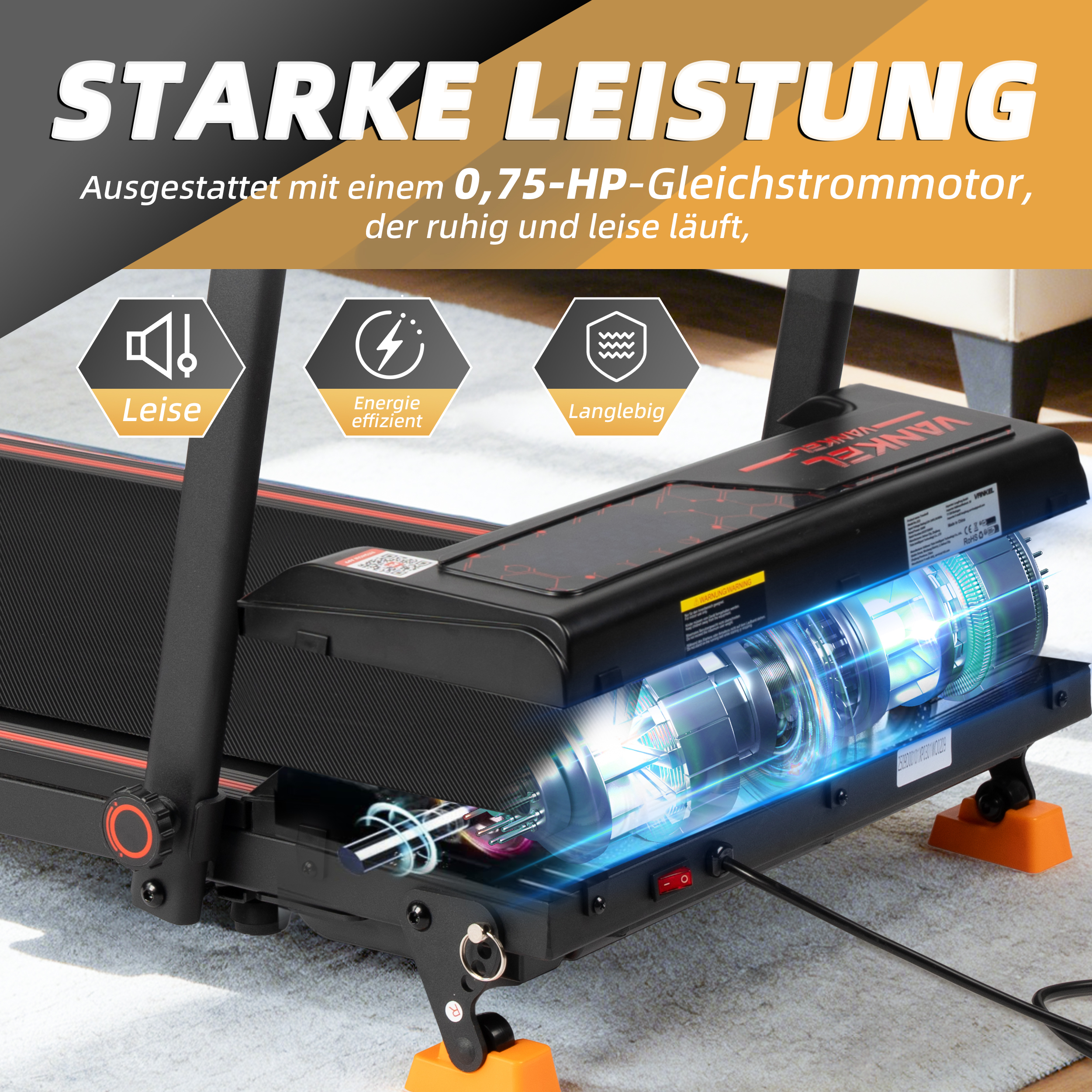 Ein Laufband mit einem sichtbaren Motor und Symbolen für leise, effizient und langlebig.