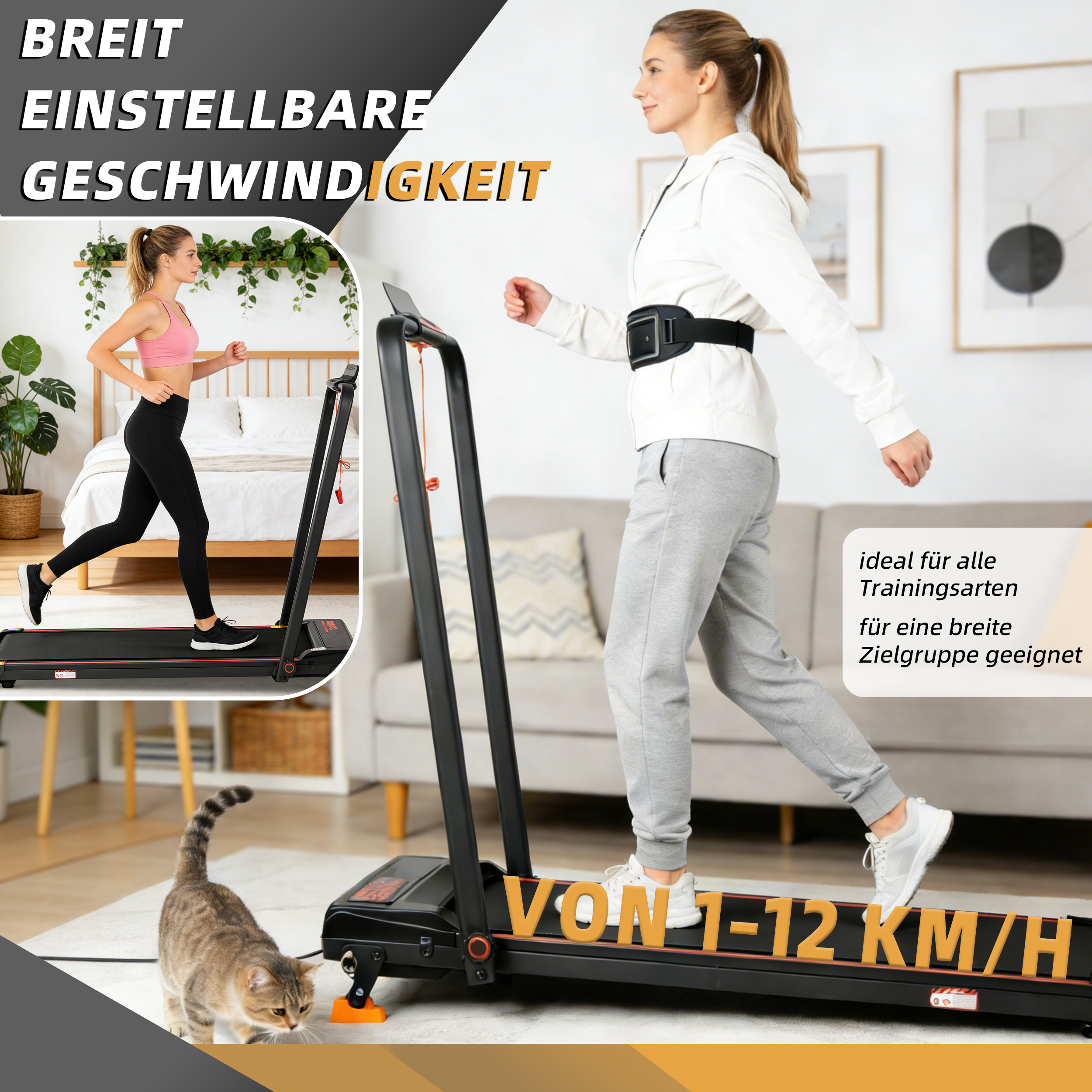 Frau läuft auf einem Laufband mit einstellbarer Geschwindigkeit von 1-12 km/h.