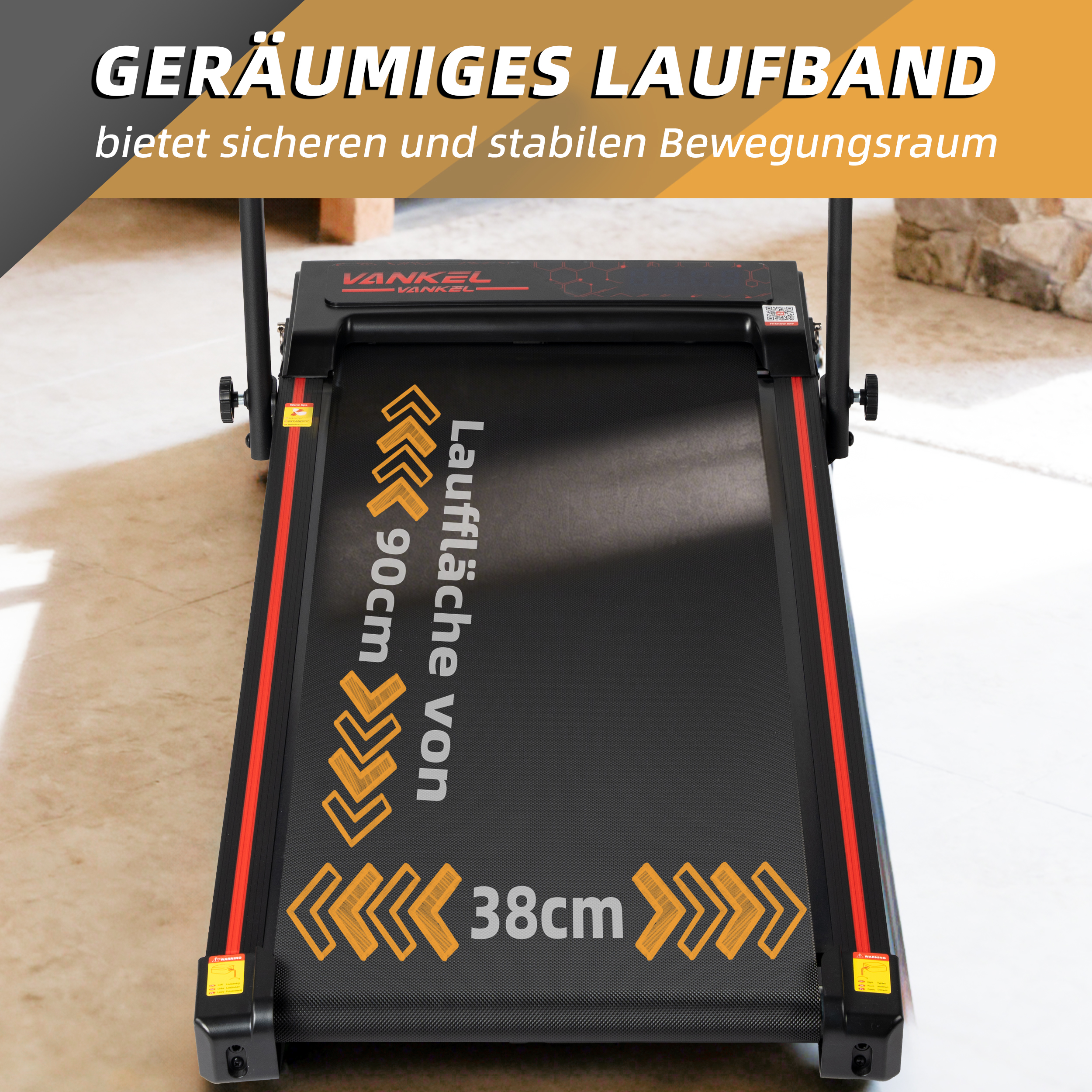 Schwarzes Laufband mit roten Akzenten. Lauffläche 38cm x 90cm.