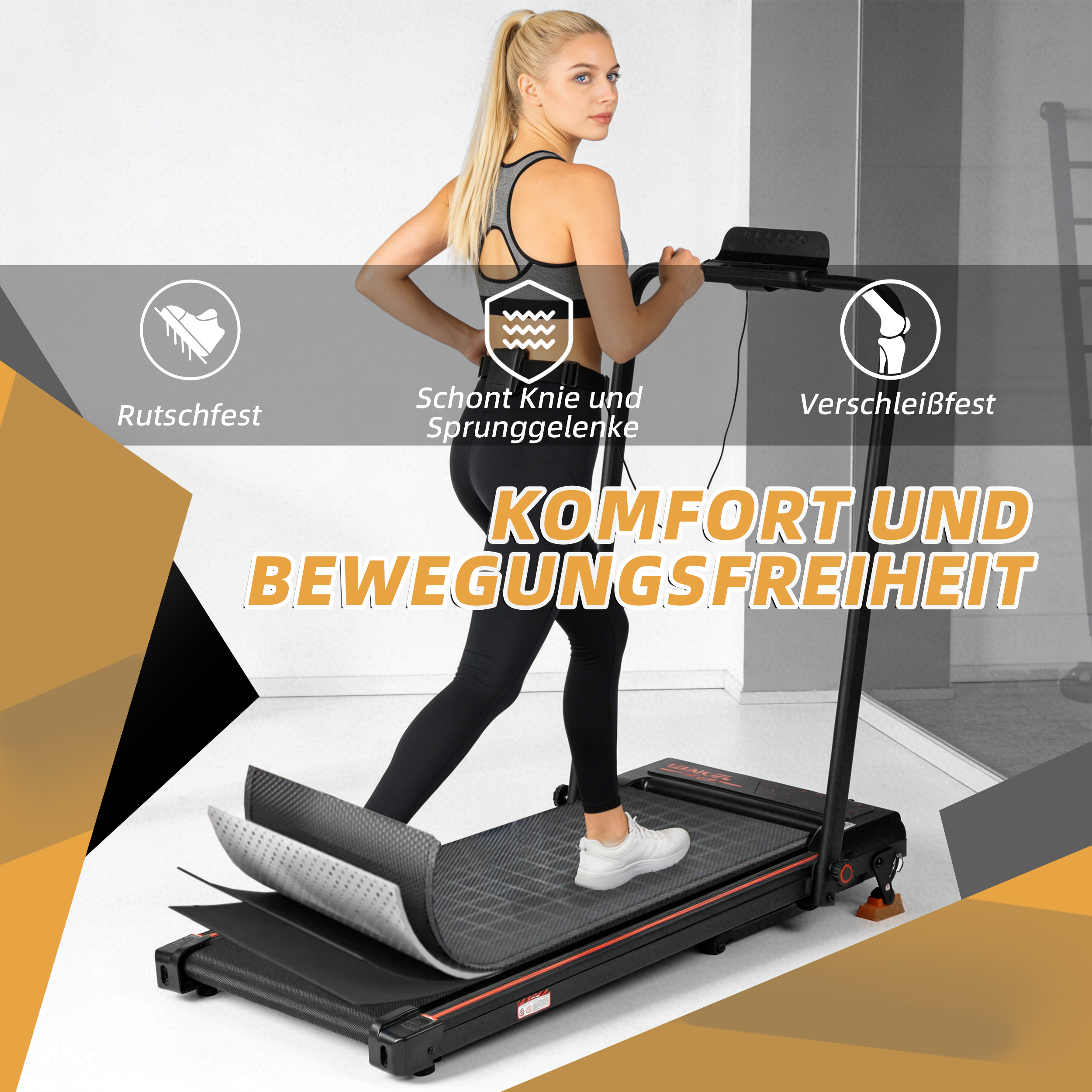 Eine Frau läuft auf einem Laufband. "Komfort und Bewegungsfreiheit" wird angezeigt.