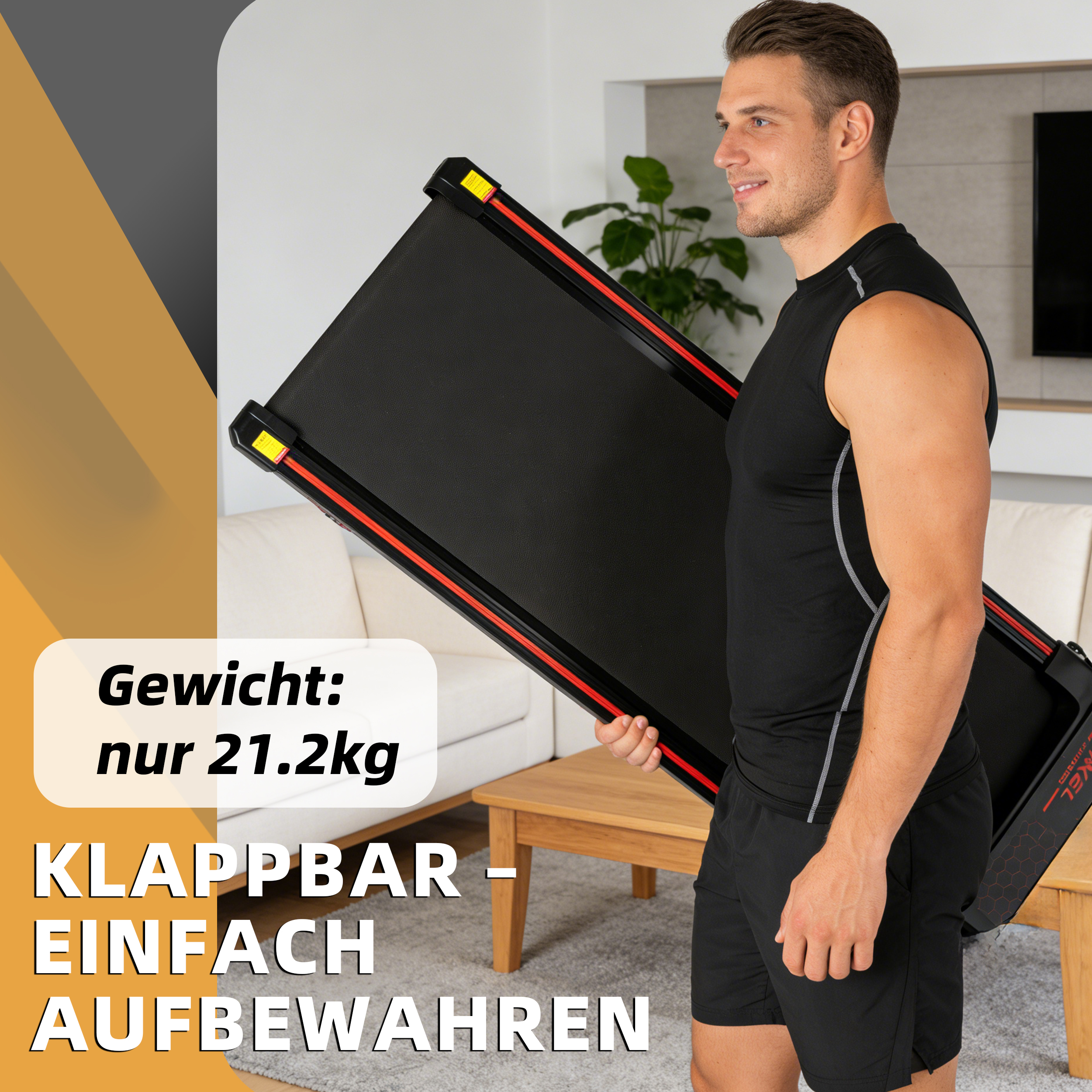 Mann trägt zusammenklappbares Laufband, Gewicht 21,2 kg.