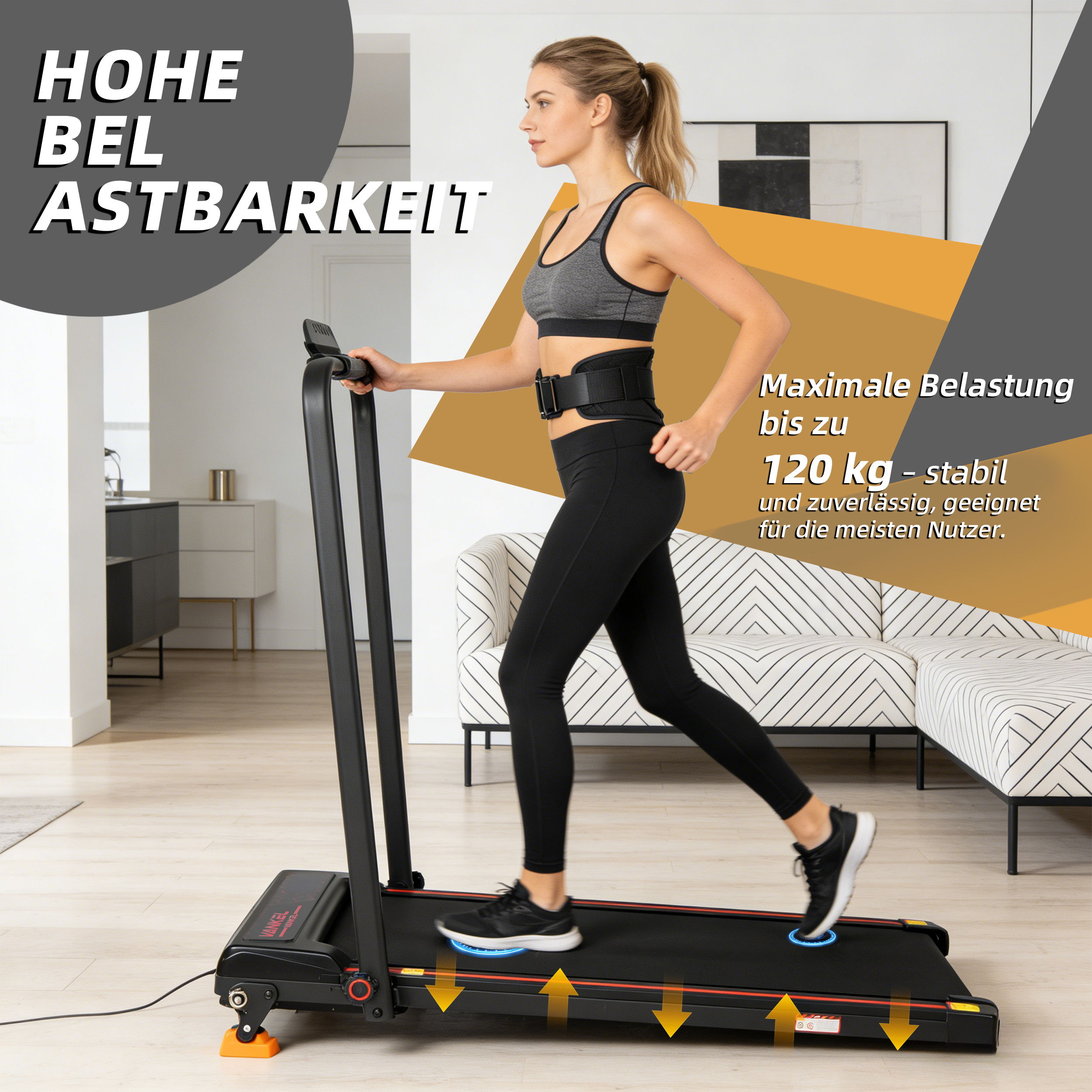 Frau läuft auf Laufband mit hoher Belastbarkeit bis 120 kg.