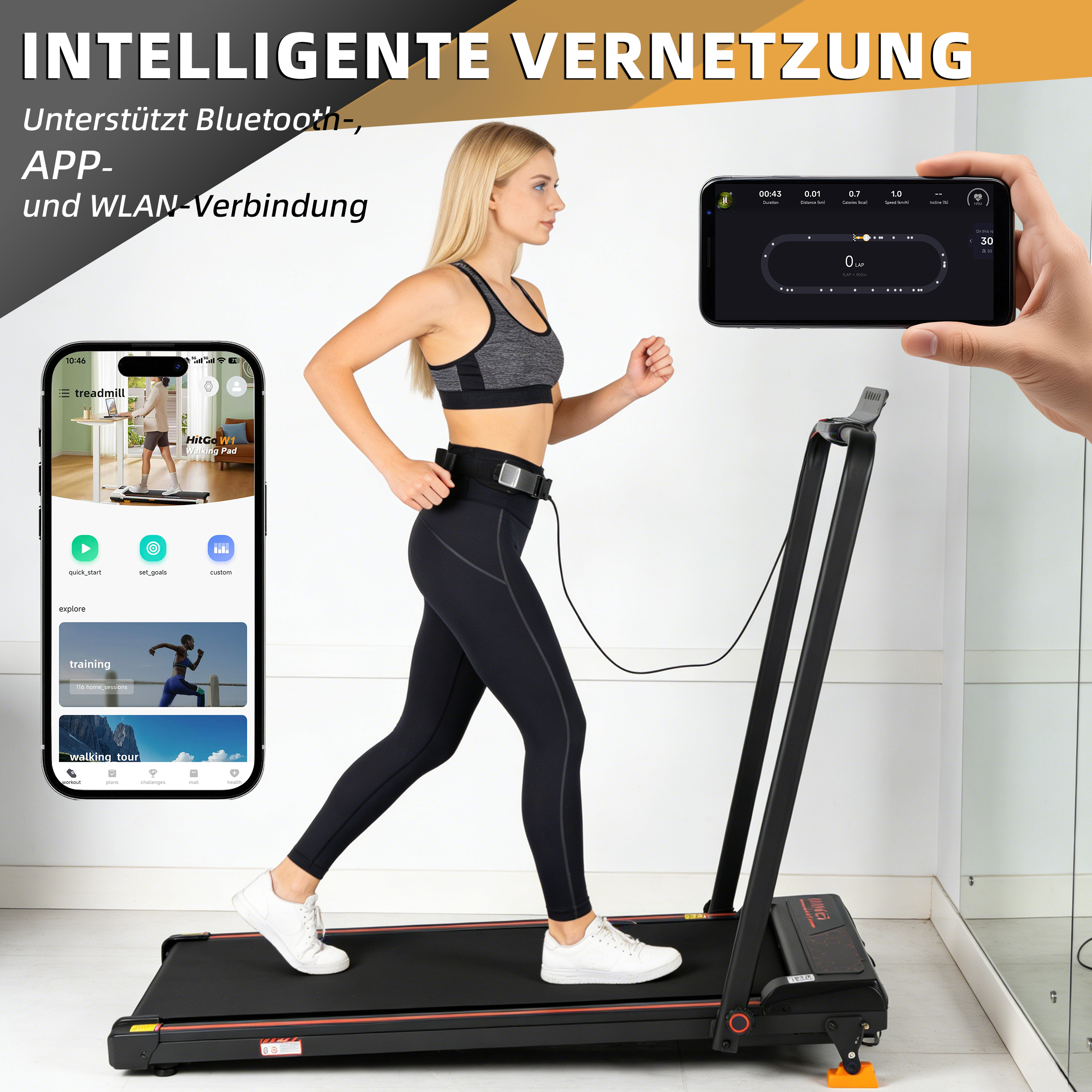 Eine Frau läuft auf einem Laufband, während sie eine App auf dem Handy benutzt.