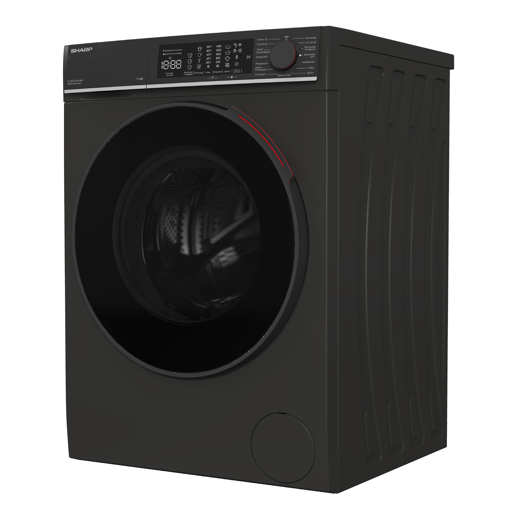 Eine schwarze Sharp Waschmaschine mit einem digitalen Display und einem runden Bullauge.