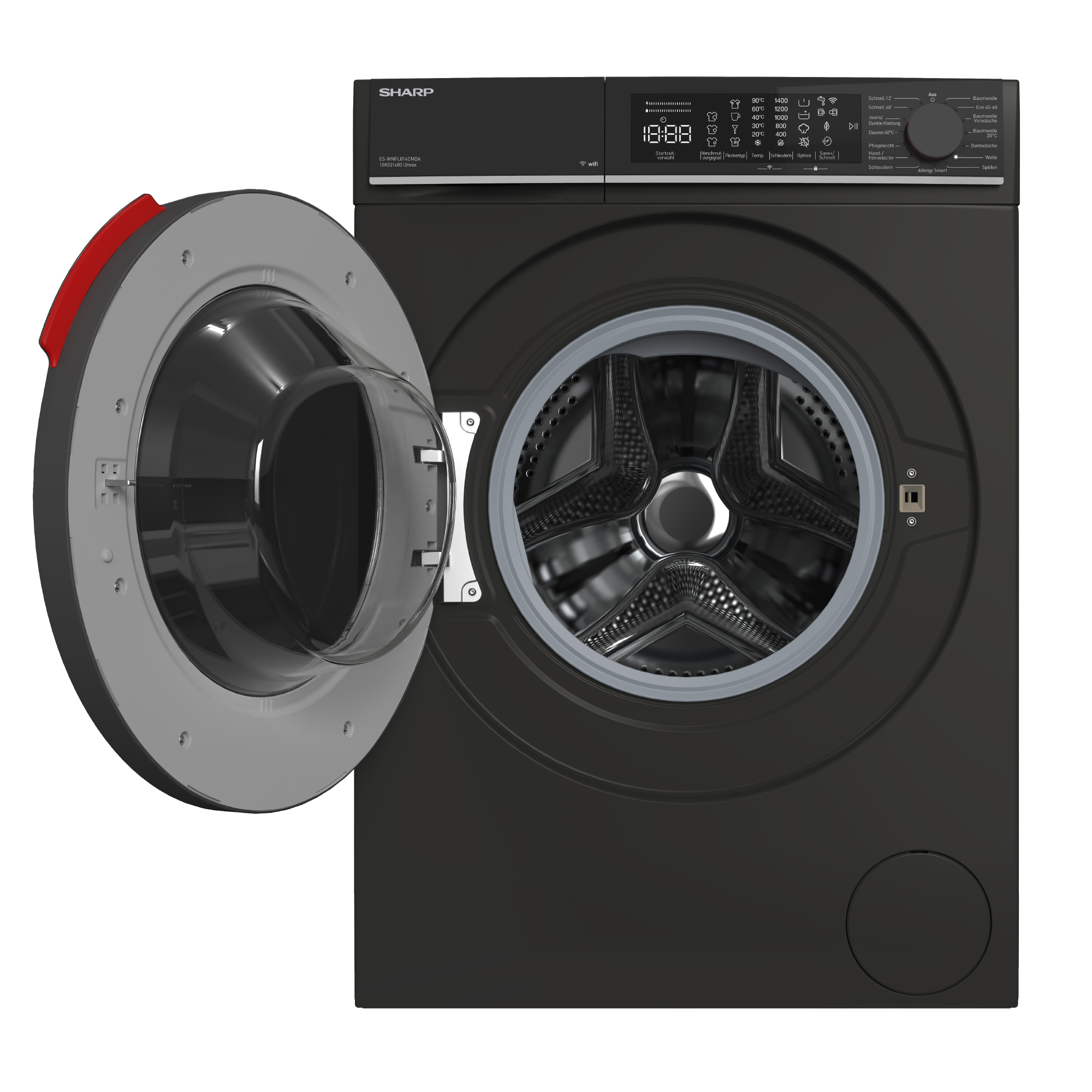 Schwarze Waschmaschine mit geöffneter Tür und Display.