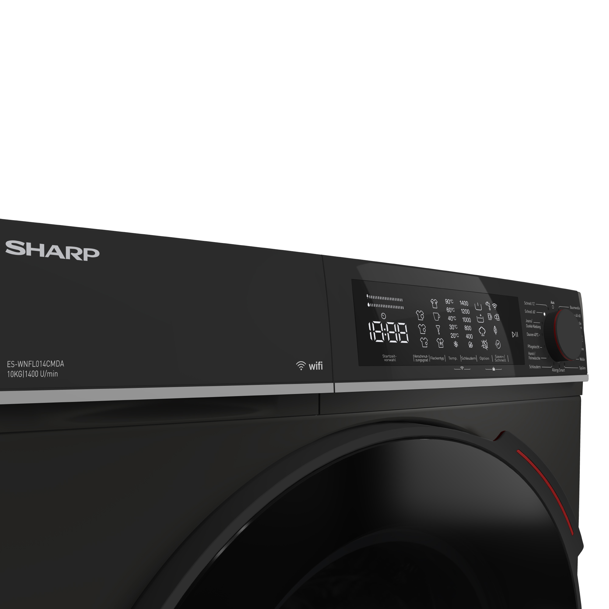 Schwarze Sharp Waschmaschine mit digitalem Display und Bedienelementen.