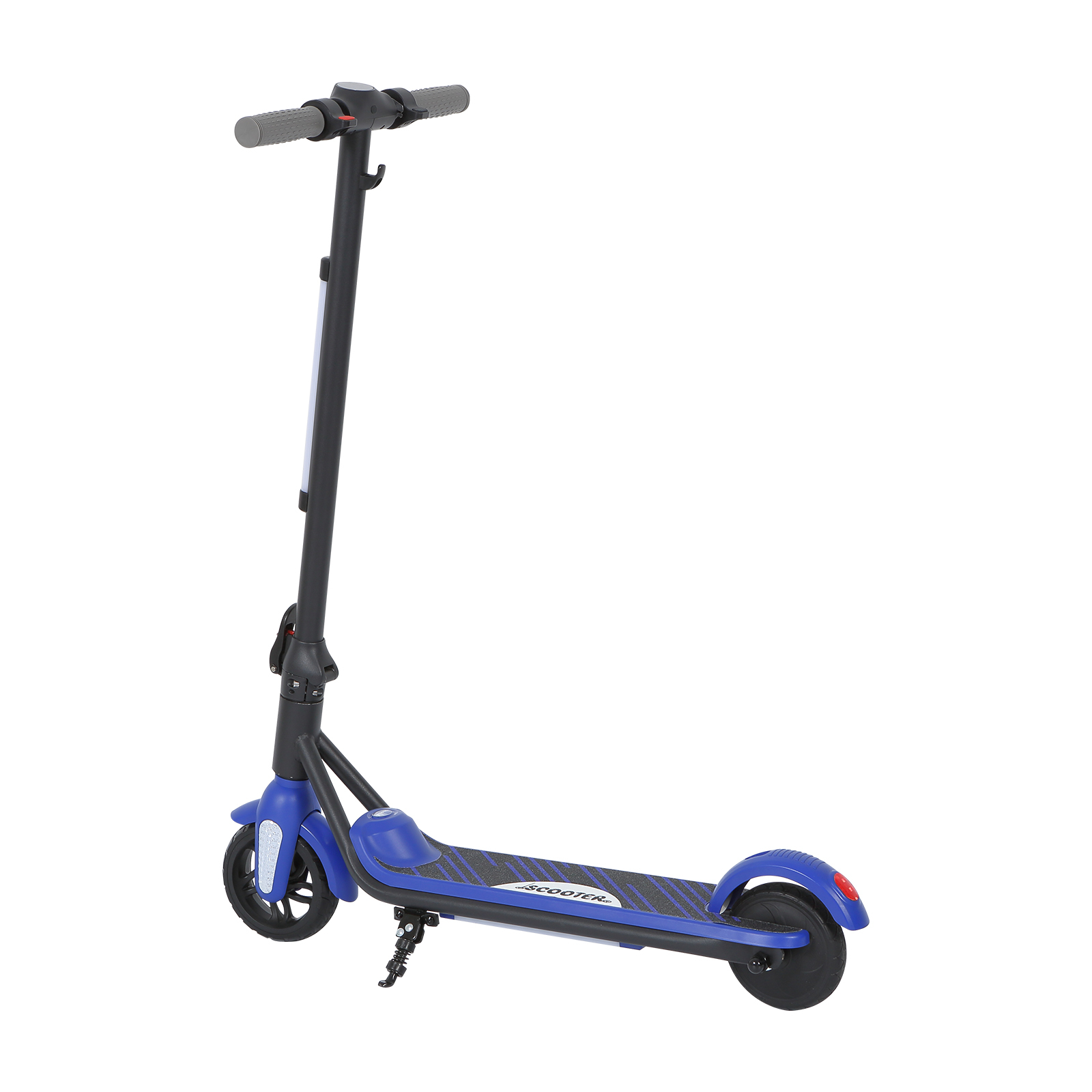 Niebieski skuter elektryczny z czarną kierownicą i podestem.