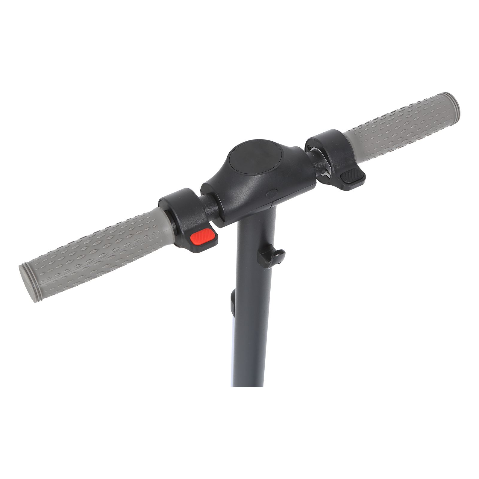 Kierownica hulajnogi z szarymi uchwytami i czerwonymi przyciskami.