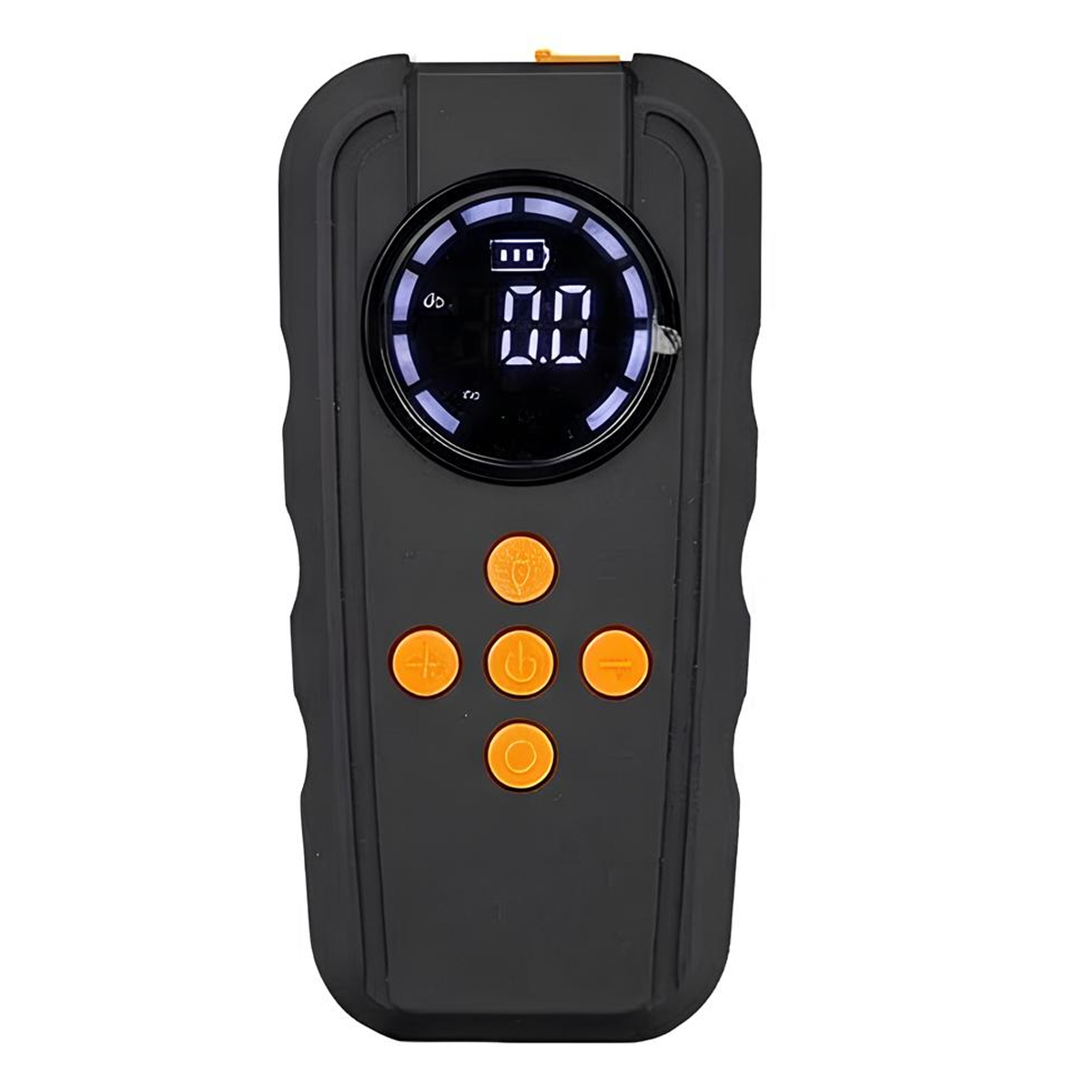 Ein schwarzer tragbarer Reifenfüller mit einem digitalen Display und orangefarbenen Knöpfen.