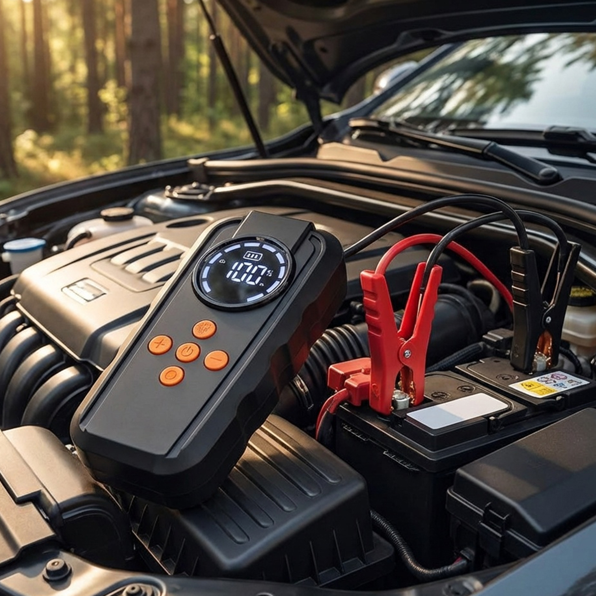 Ein tragbares Starthilfegerät wird verwendet, um eine Autobatterie aufzuladen.