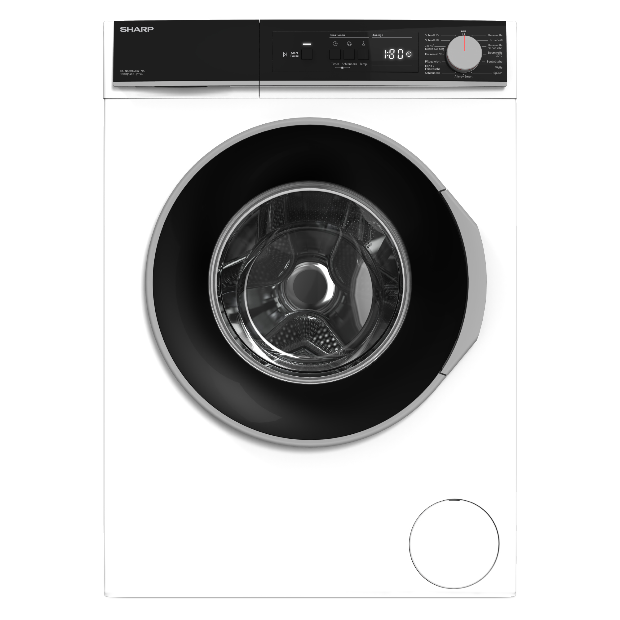Une machine à laver blanche Sharp avec panneau de contrôle noir et porte ronde.