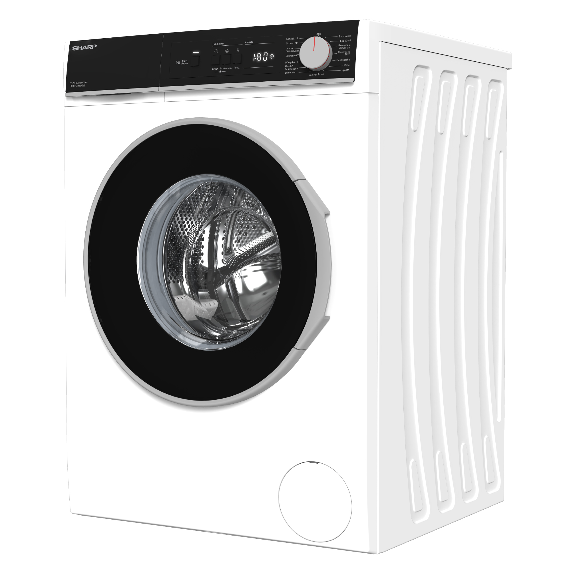 Une machine à laver Sharp blanche avec porte et panneau de commande noirs.
