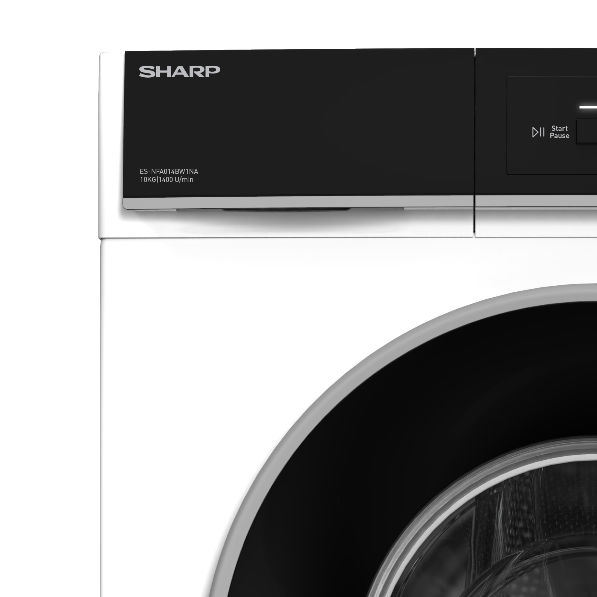 Machine à laver blanche avec panneau de contrôle noir et logo "Sharp".