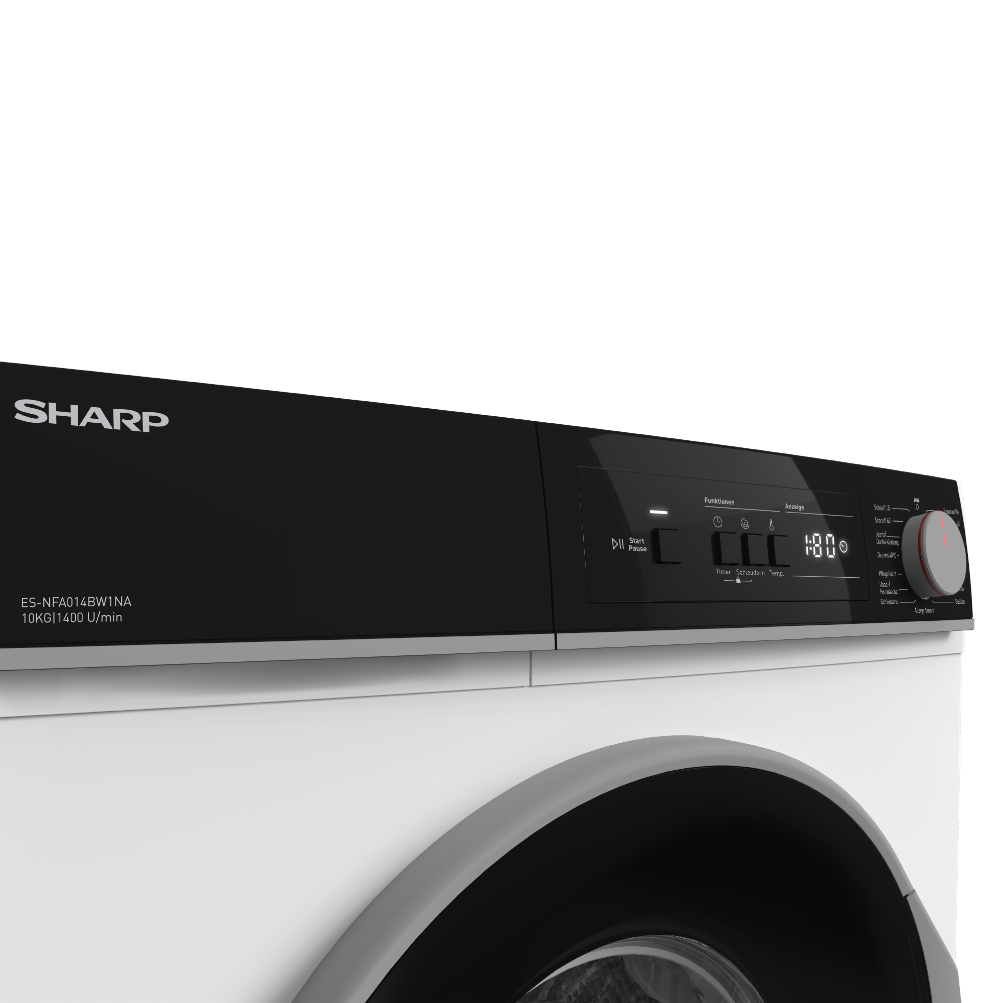 Une machine à laver blanche avec panneau de commande noir et écran numérique.