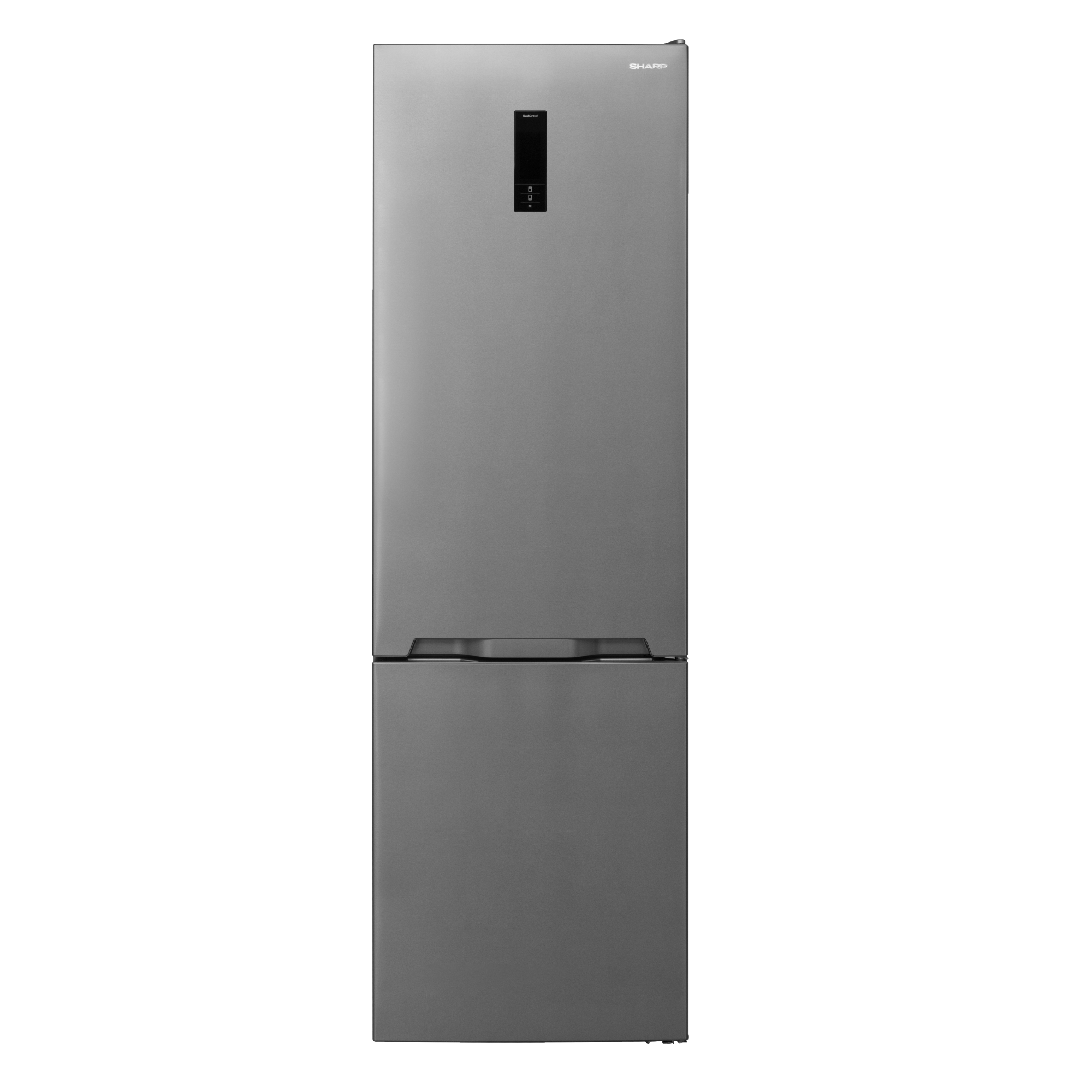 Ein freistehender silberner Kühlschrank mit Gefrierfach oben. Ein schwarzes Bedienfeld ist mittig.