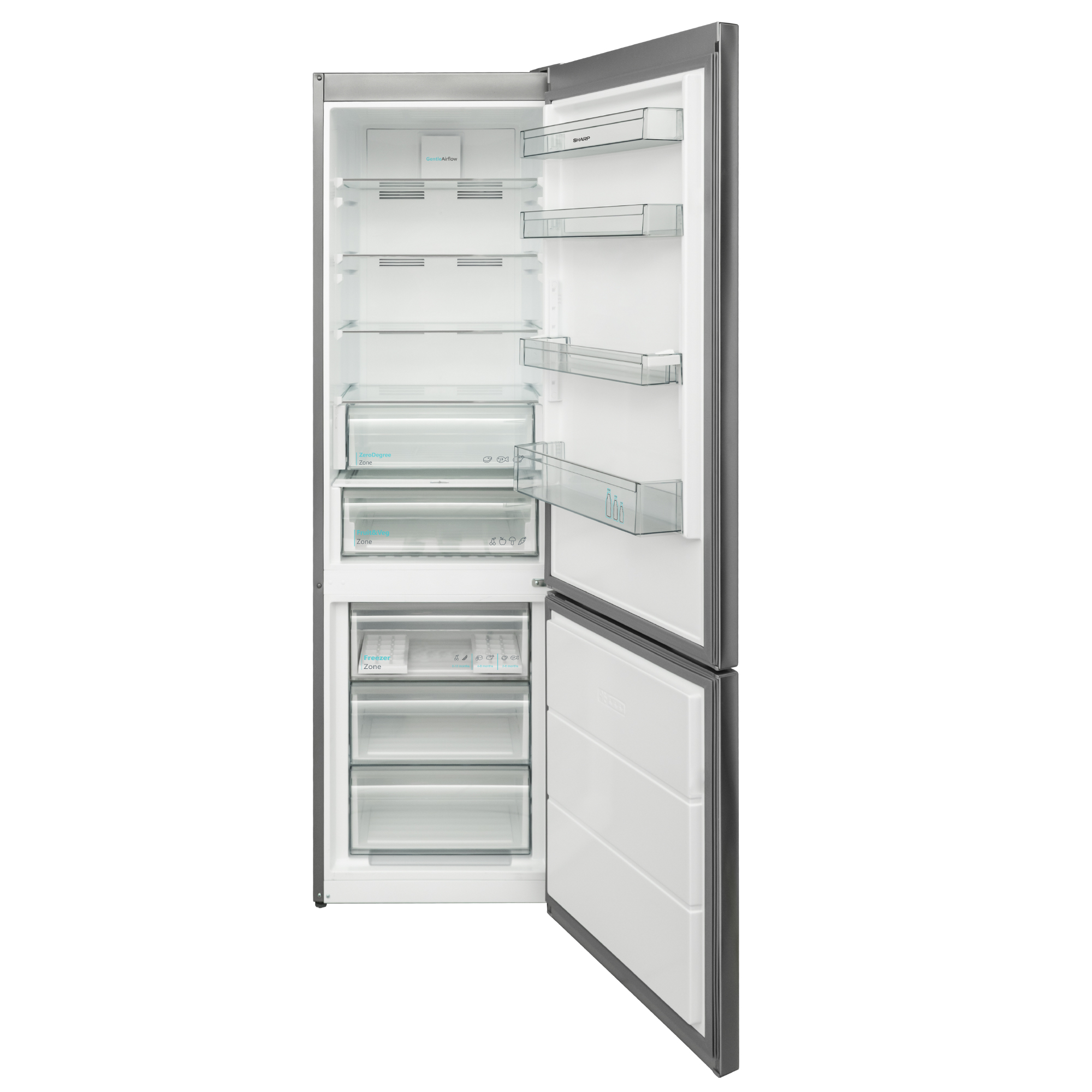 Ein offener Kühlschrank mit mehreren Glasregalen und Schubladen.